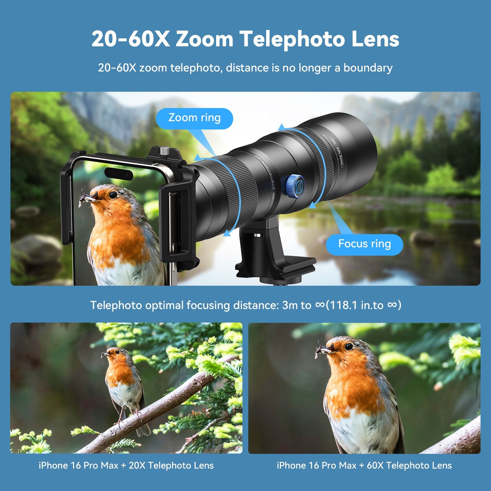 APEXEL Telecular 20-60x Professional Compact Zoom Lens for Smartphones