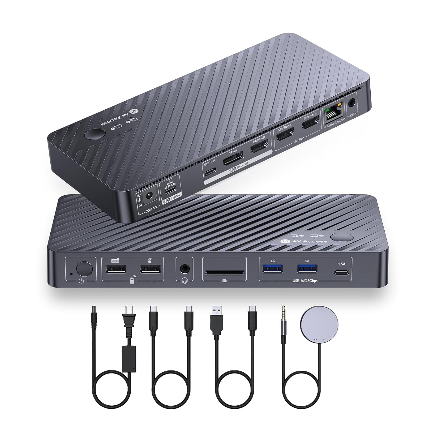 AV Access KVM & Docking Station Dual Monitor for Laptop & Desktop, 2 Monitors 2 Computers with Ethernet, EDID, 4K @ 60Hz , 4xUSB-A, 1xUSB-C, Audio, SD