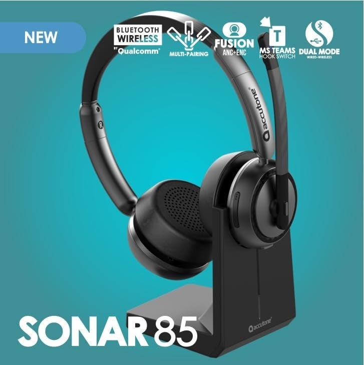Accutone Sonar 85 Bluetooth trådlöst headset med mikrofon, Bluetooth-headset med aktiv brusreducering