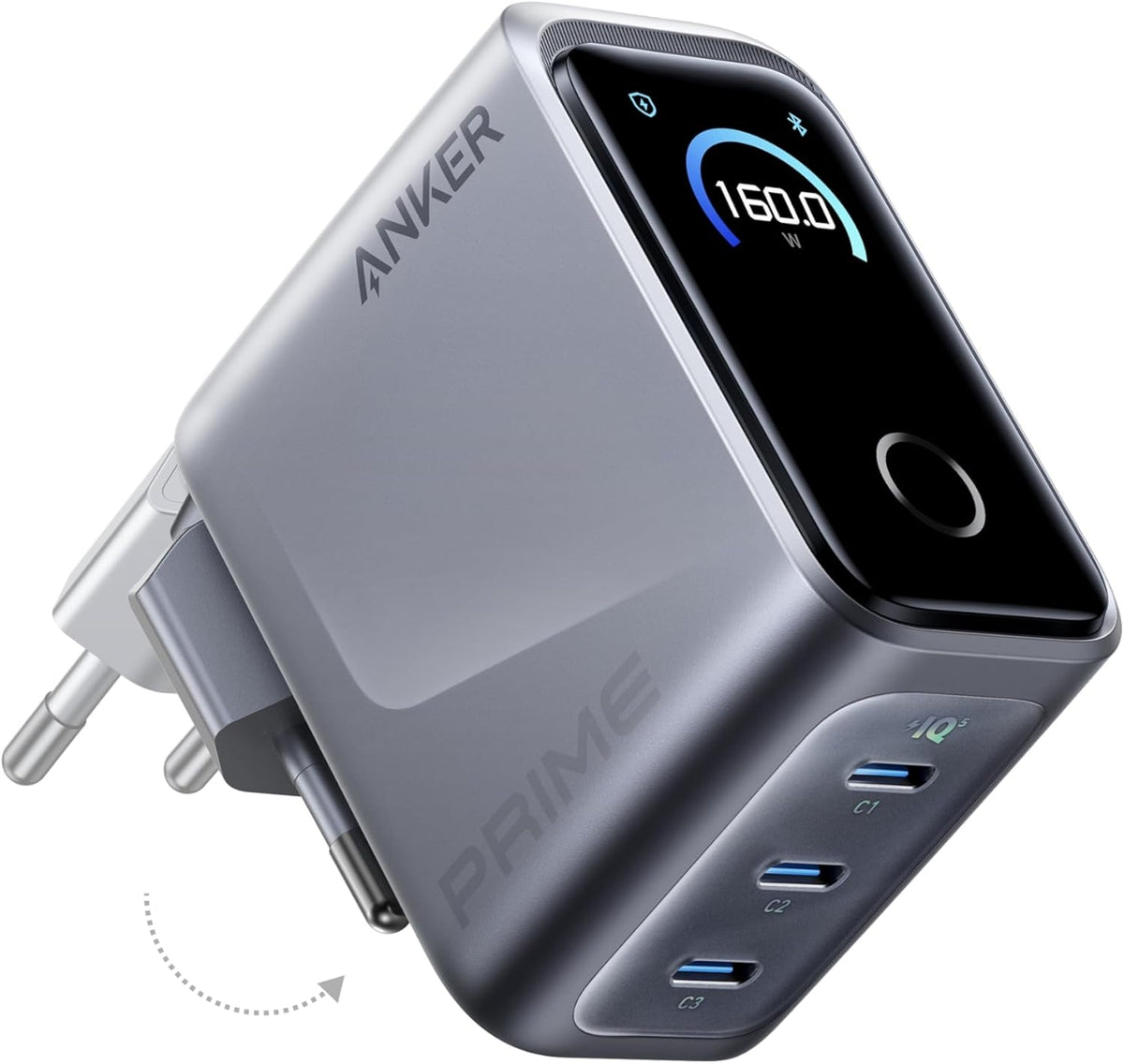 Anker Prime 160W USB C Charger, 3-Port GaN, Smart Display, Touch Control | Compact Laptop Charger, Ultra Fast 140W Charging at 1 Port, for MacBook Pro