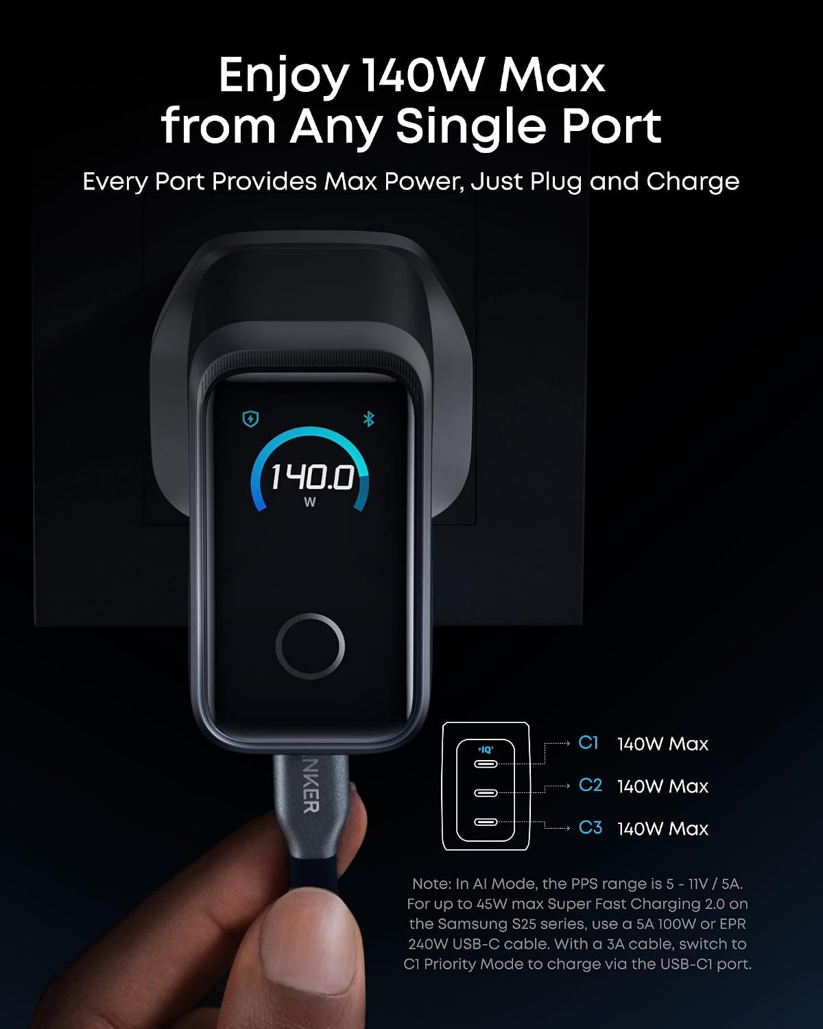 Anker Prime 160W USB C Charger, 3-Port GaN, Smart Display, Touch Control | Compact Laptop Charger, Ultra Fast 140W Charging at 1 Port, for MacBook Pro