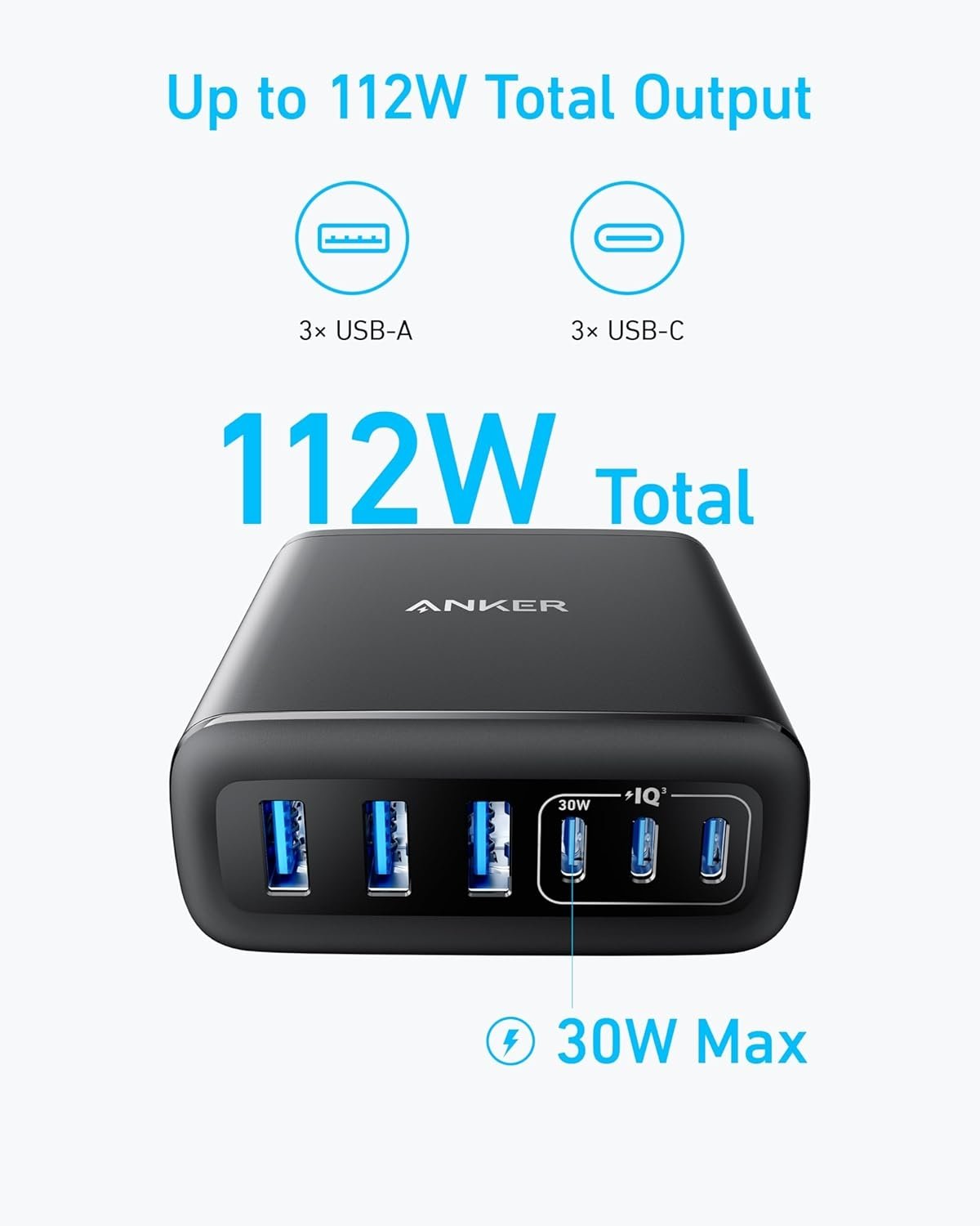 Anker USB-C och USB-A-laddare, 112W Max 6-portars laddningsstation