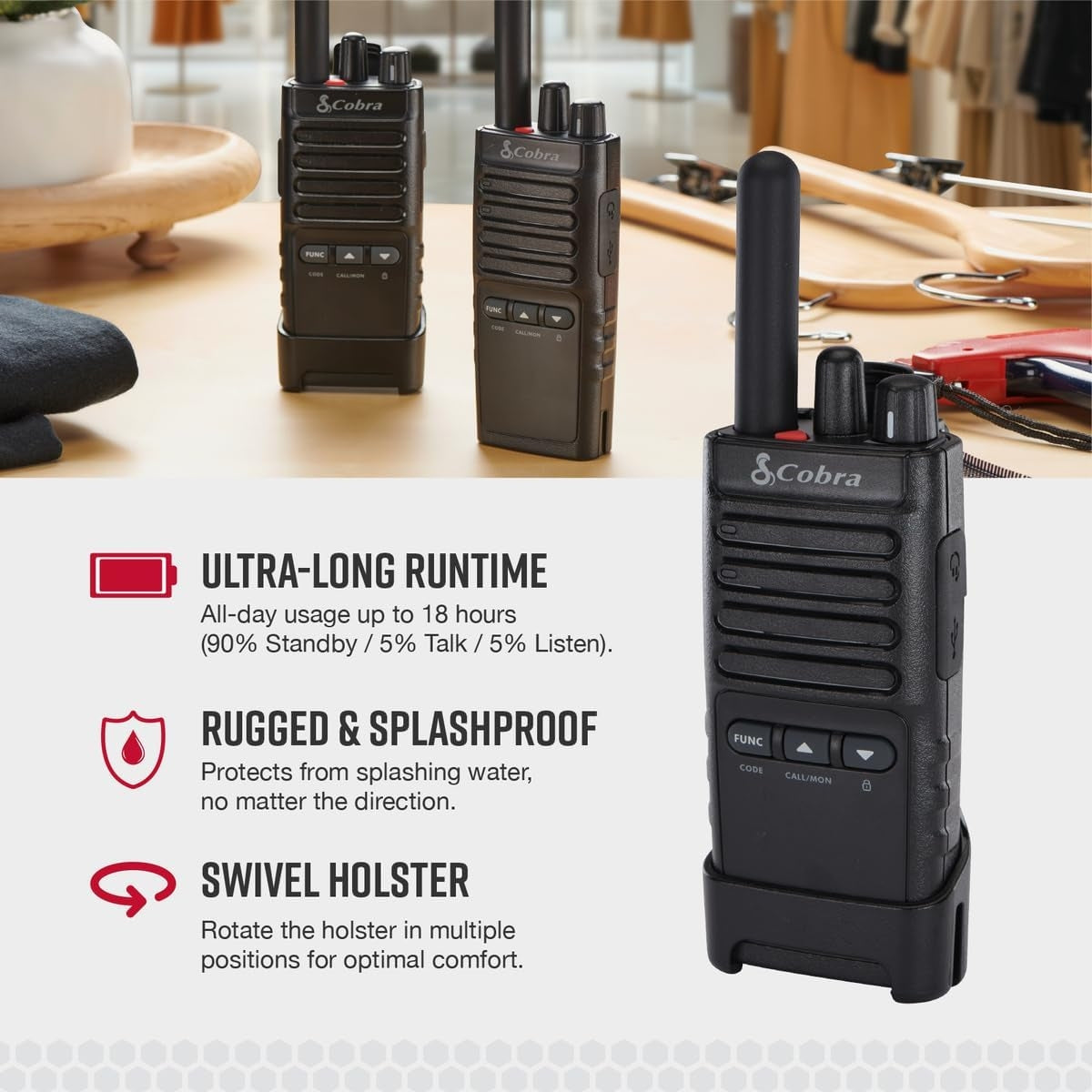 Cobra PX650 Professional Walkie Talkies 2-Pack Rechargeable PMR446 Dustproof and Splash Proof (IP54) 12km range 16 channels