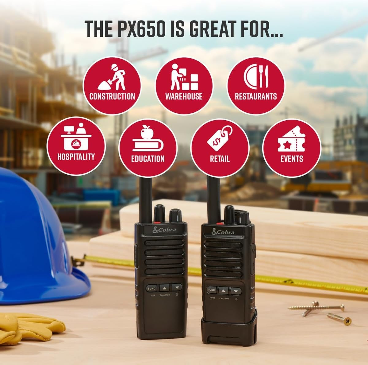 Cobra PX650 Professional Walkie Talkies 2-Pack Rechargeable PMR446 Dustproof and Splash Proof (IP54) 12km range 16 channels