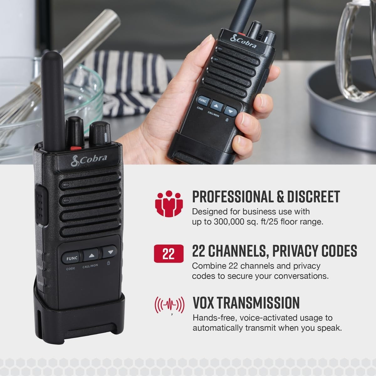 Cobra PX650 Professional Walkie Talkies 2-Pack Rechargeable PMR446 Dustproof and Splash Proof (IP54) 12km range 16 channels