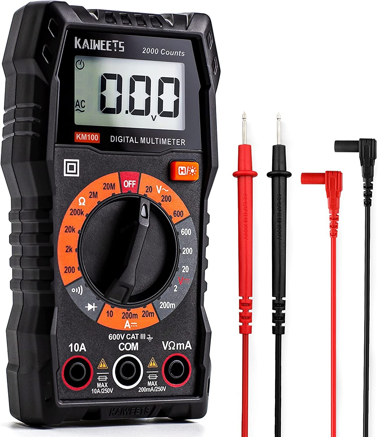 Digital multimeter, DC-/AC-voltmeter, ohm-, volt- och amperemätare samt kontinuitets- och diodspänningstestare för hushållsuttag