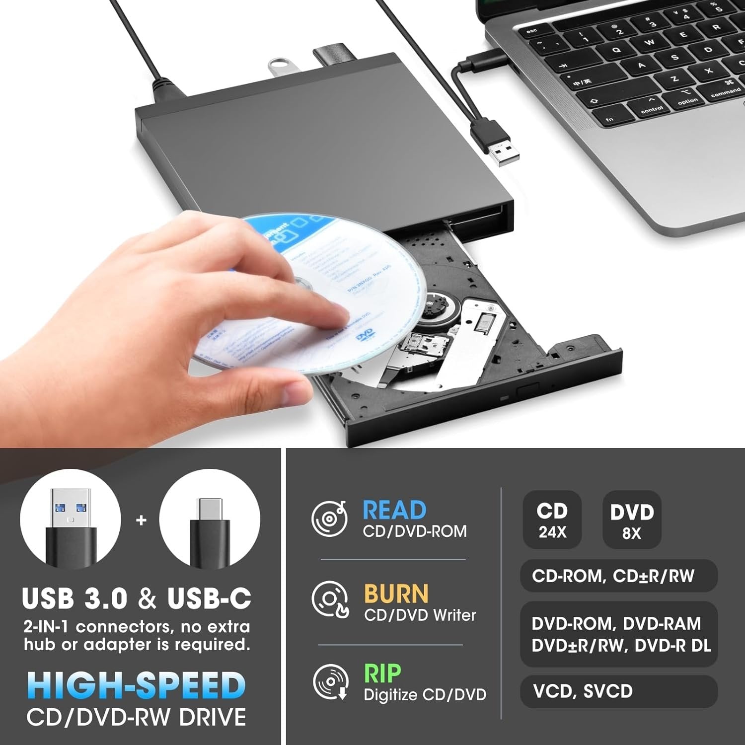NÖRDIC Bärbar CD Brännare och spelare och USB hubb med SD/Micro-SD kortläsare