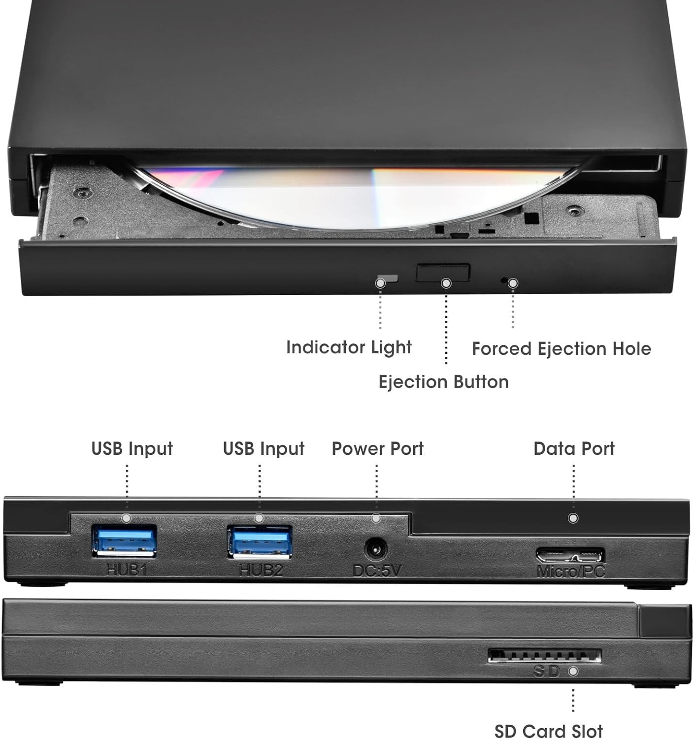 NÖRDIC Bärbar CD Brännare och spelare och USB hubb med SD/Micro-SD kortläsare