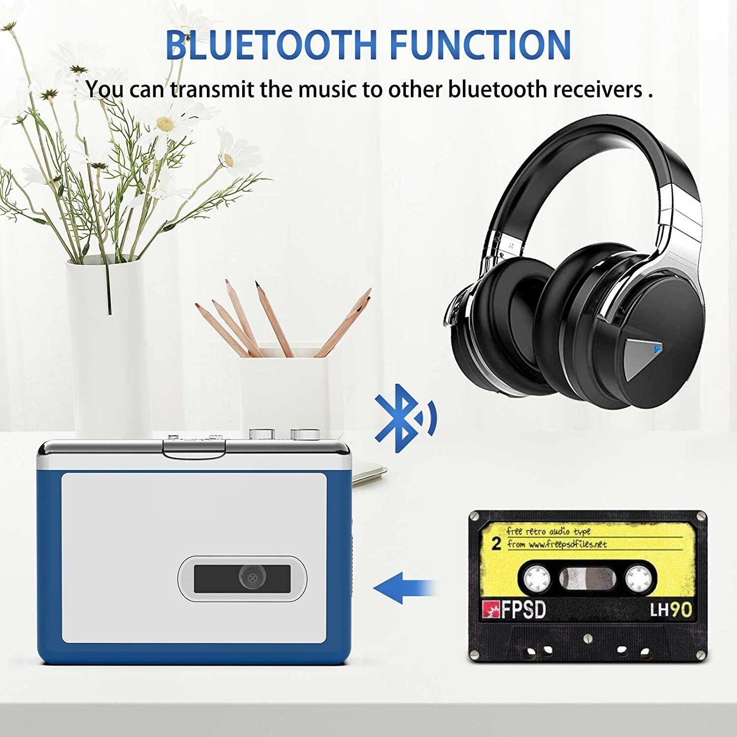 Ezcap Bluetooth-kassettspelare, Walkman-bandspelare med 3,5 mm utgång och hörlurar