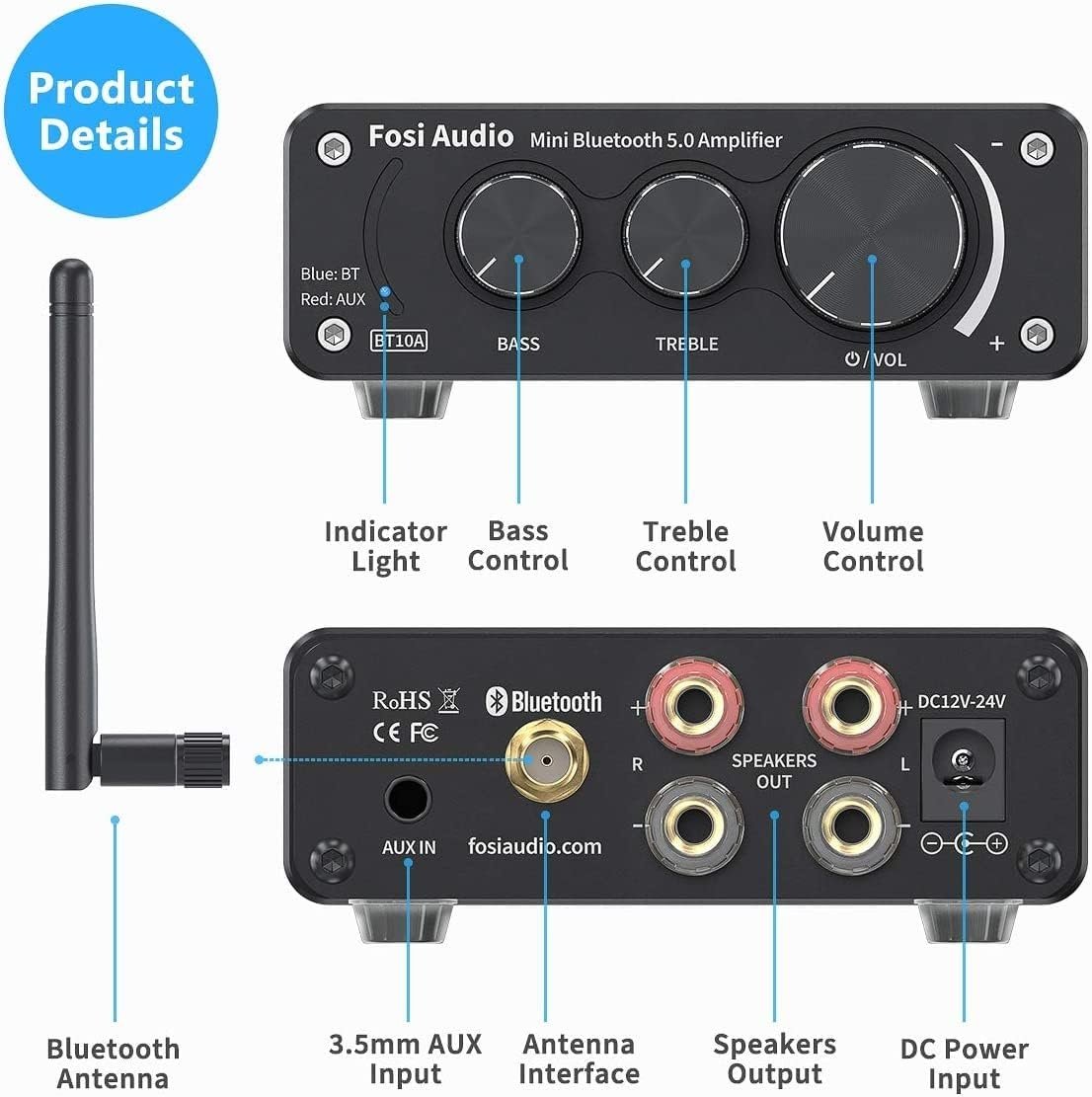 Fosi Audio BT10A Bluetooth 5.0 Stereo Audio Amplifier Receiver 2 Channel Class D Hi-Fi Integrated Amp för passiva hemhögtalare 50W x 2 TPA3116