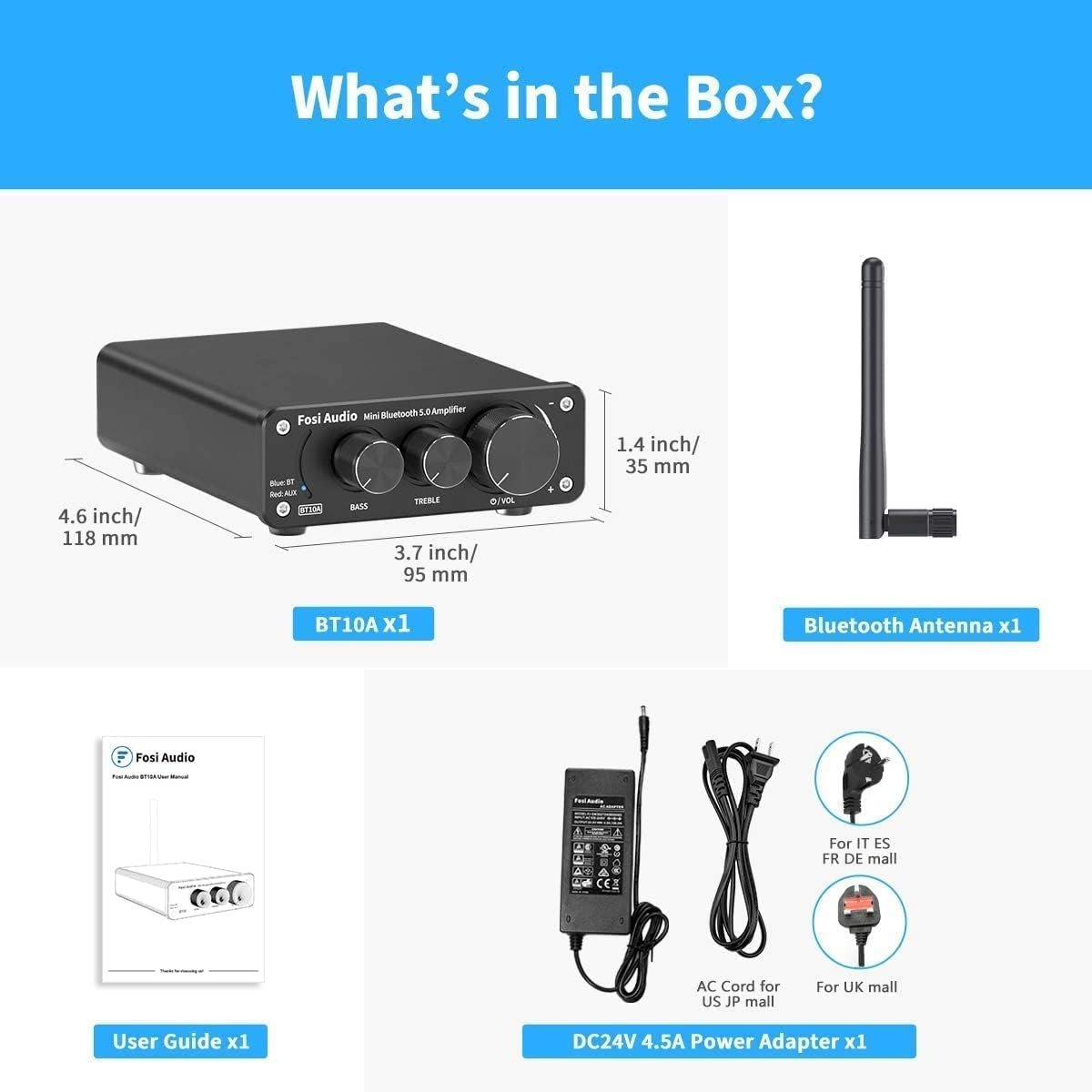Fosi Audio BT10A Bluetooth 5.0 Stereo Audio Amplifier Receiver 2 Channel Class D Hi-Fi Integrated Amp för passiva hemhögtalare 50W x 2 TPA3116