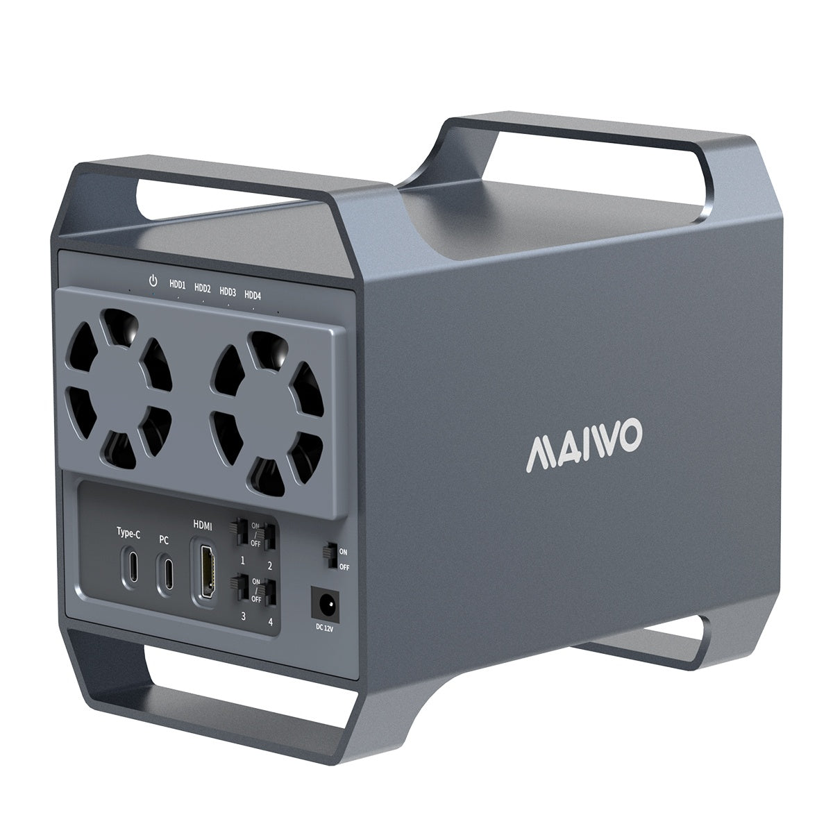 MAIWO 4‑plats DAS-design för 3,5” SATA‑HDD med 2 kylfläktar, USB‑C & 10 Gbps hastighet, ingen RAID