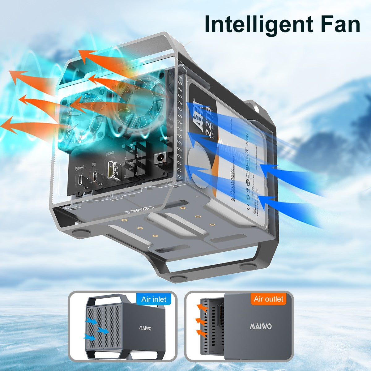 MAIWO 4‑plats DAS-design för 3,5” SATA‑HDD med 2 kylfläktar, USB‑C & 10 Gbps hastighet, ingen RAID