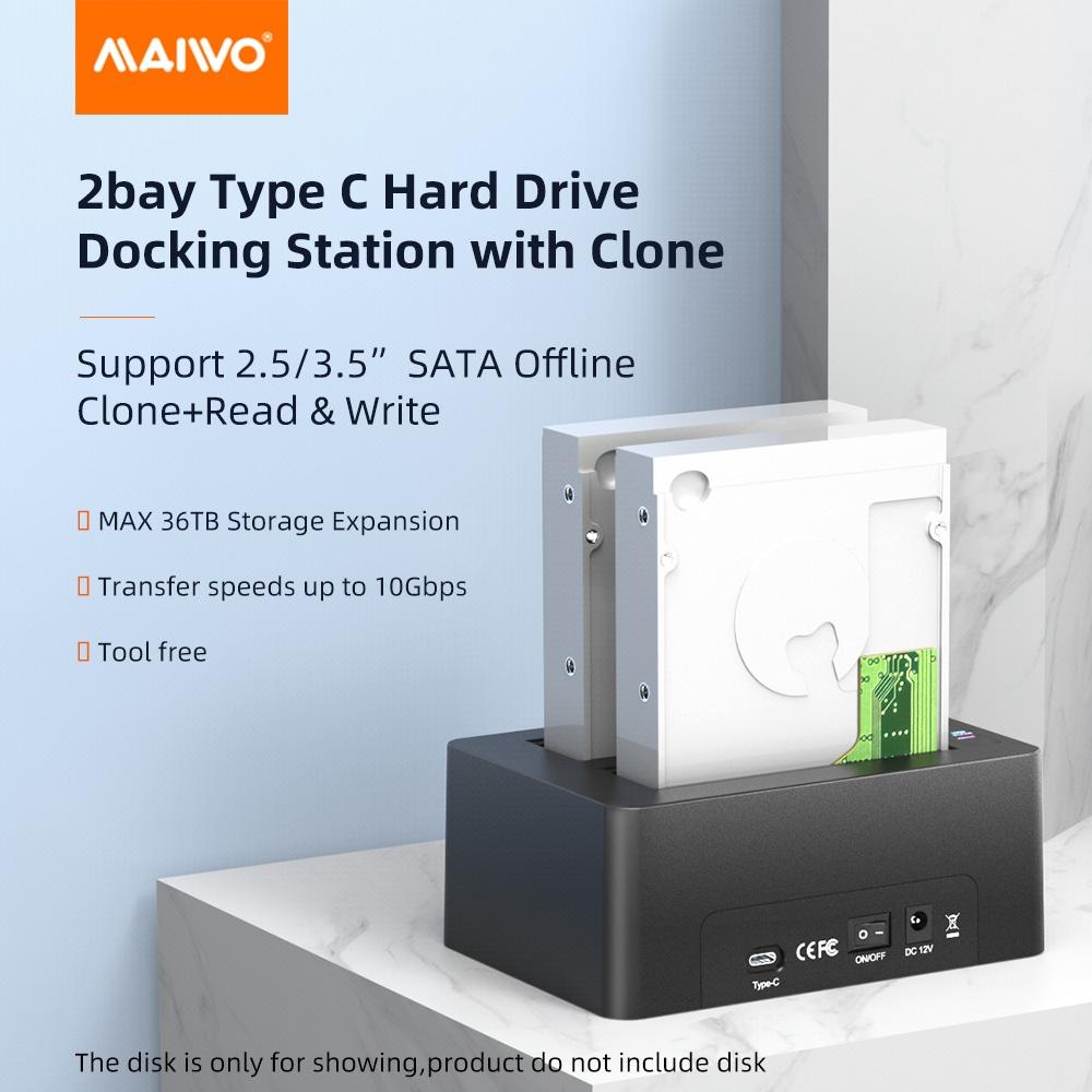 Maiwo K3082C USB C 3.1 GEN2 10Gbps Dockningsstation för 2st 2,5 3,5 SATA HDD SSD upp till 20TB med stöd för UASP, Stöd för SATAIII 6Gbps
