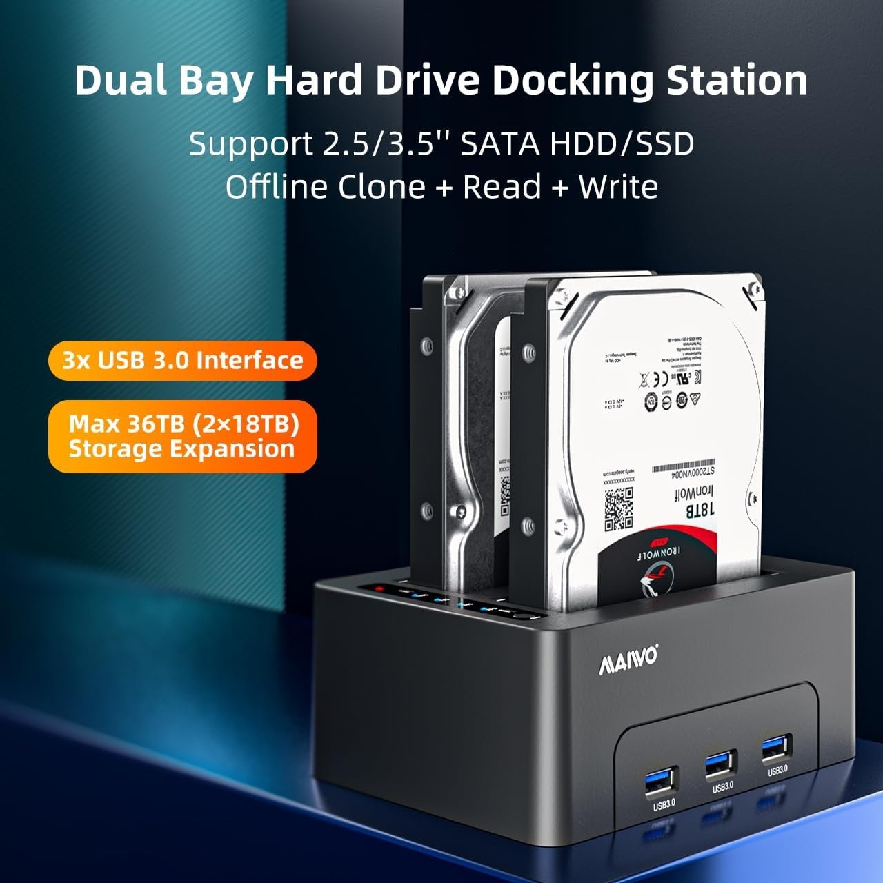 Maiwo K3082H USB 3.1 GEN1 5Gbps Dockningsstation för 2st 2,5-3,5 SATA HDD SSD 2x16TB med stöd för UASP 3xUSB3.1 hubb