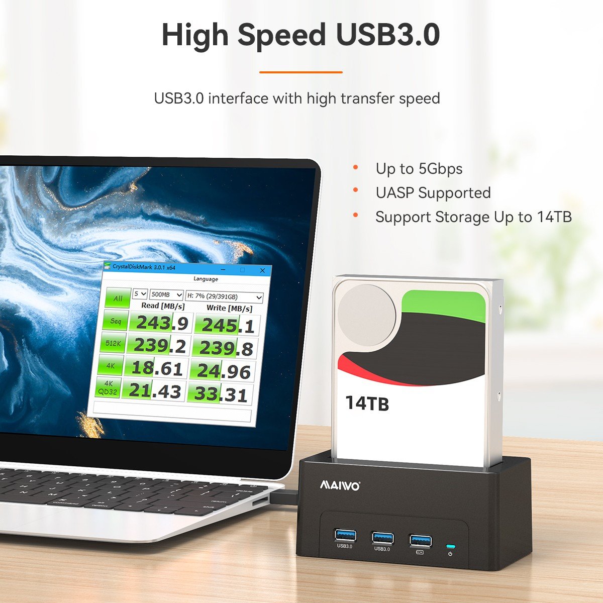 Maiwo K308H USB 3.1 GEN1 5Gbps Dockningsstation för 1st 2,5-3,5 SATA HDD SSD upp till 14TB med stöd för UASP 3xUSB3.1 hubb
