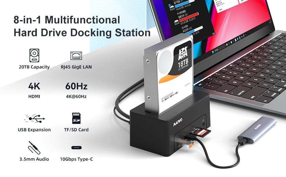 Maiwo USB-C Dockningsstation 2,5"/3,5" 1x SATA HDD SSD & SD/TF-minneskort, HDMI2.0 4K60Hz RJ45 GigaLan USB-A & USB-C 10Gbps