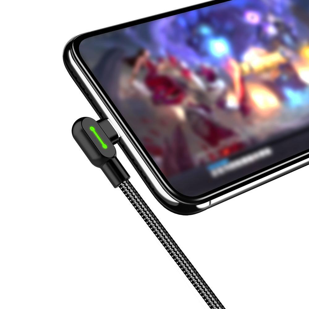 Mcdodo CA-5281 Vinklad USB C till vinklad USB A kabel för synkning och snabb laddning, med LED, svart, 1,2m