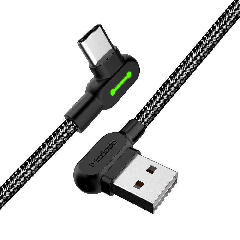 Mcdodo CA-5281 Vinklad USB C till vinklad USB A kabel för synkning och snabb laddning, med LED, svart, 1,2m