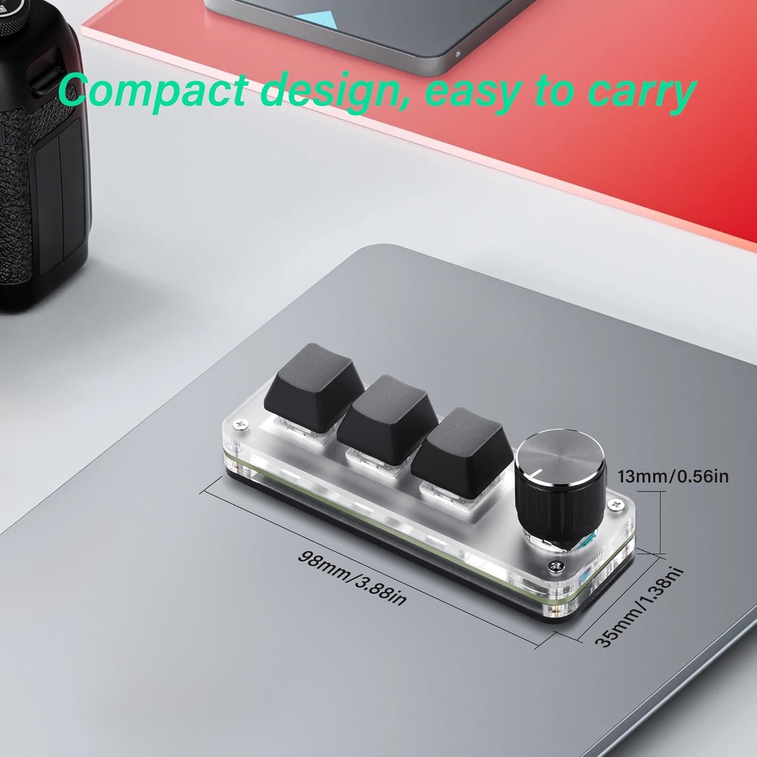 Mini Programmable Mechanical Keyboard with 3 Keys & 1 Control Knob for Macro Shortcuts | PC Setup for Multi-Device Use