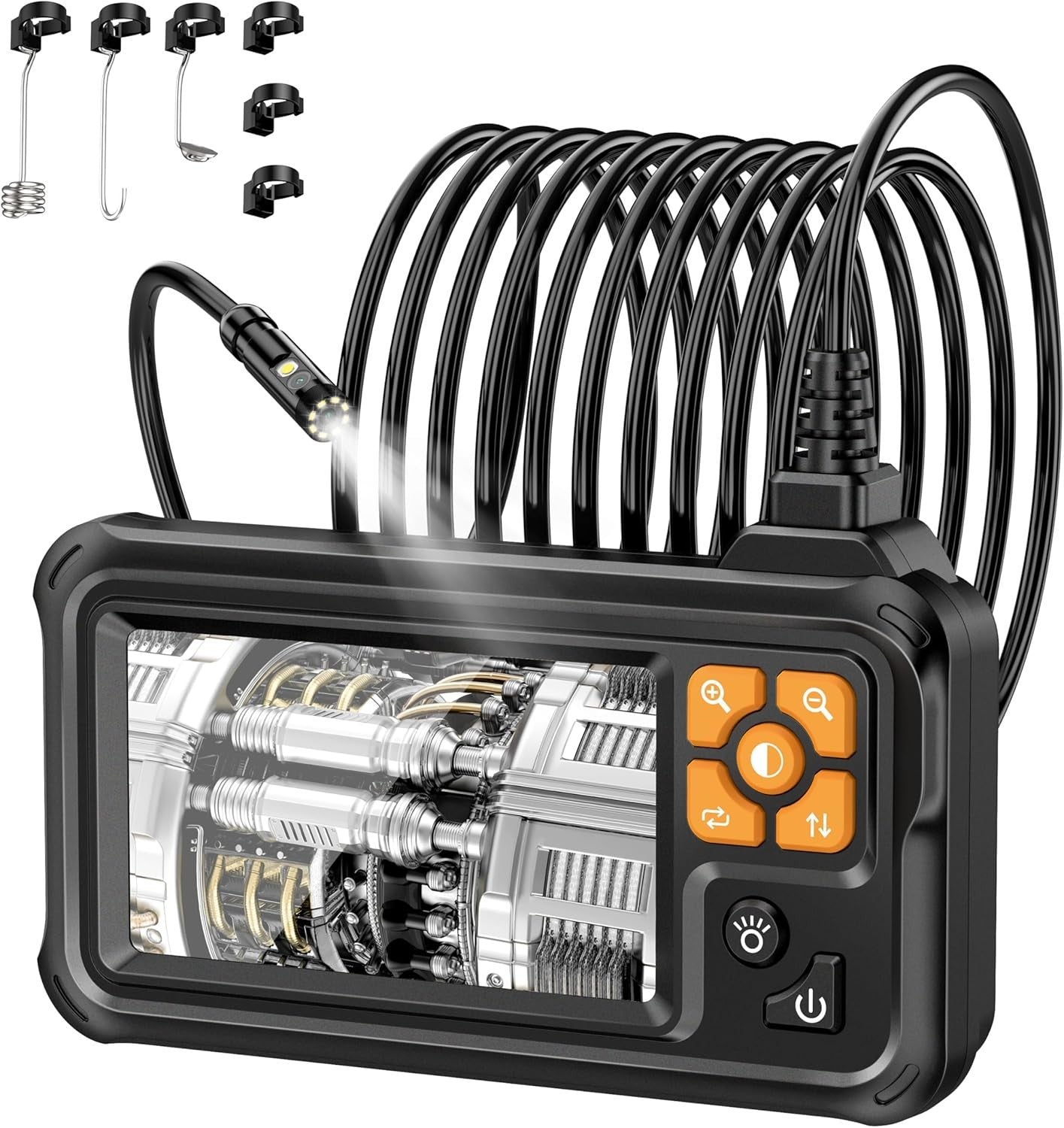 NÖRDIC 5m 1920x1080p HD-Endoskopkamera med dubbla linser, 4,3" IPS-skärm, IP67-vattentät inspektionskamera med 8 LED-lampor, halvstyv kabel, Plug & Play