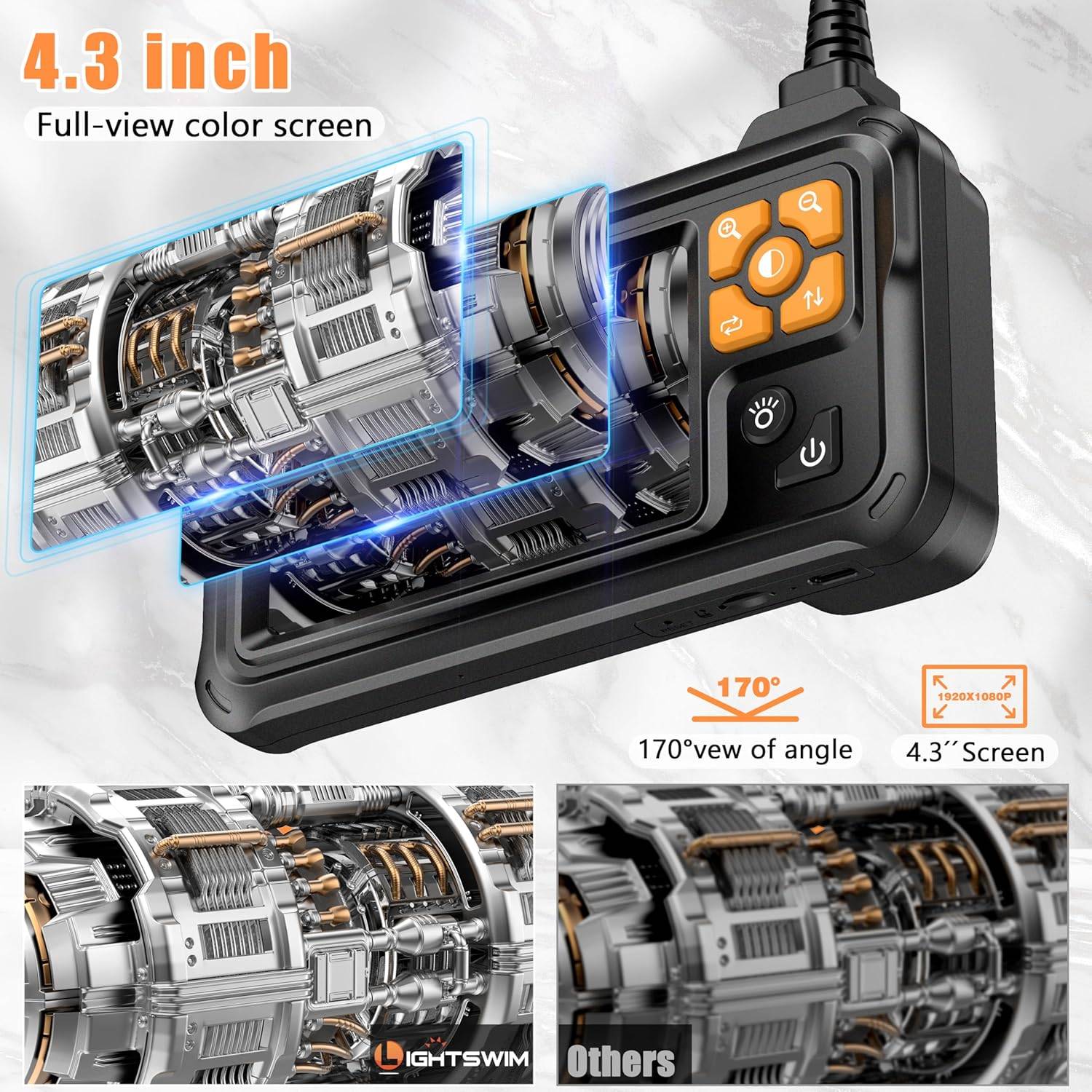 NÖRDIC 5m 1920x1080p HD-Endoskopkamera med dubbla linser, 4,3" IPS-skärm, IP67-vattentät inspektionskamera med 8 LED-lampor, halvstyv kabel, Plug & Play