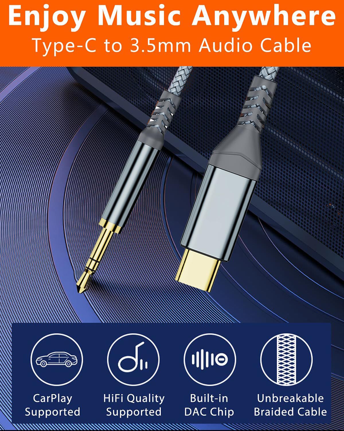 NÖRDIC 1,2 m USB-C till 3,5 mm hörlursutgång AUX-kabel