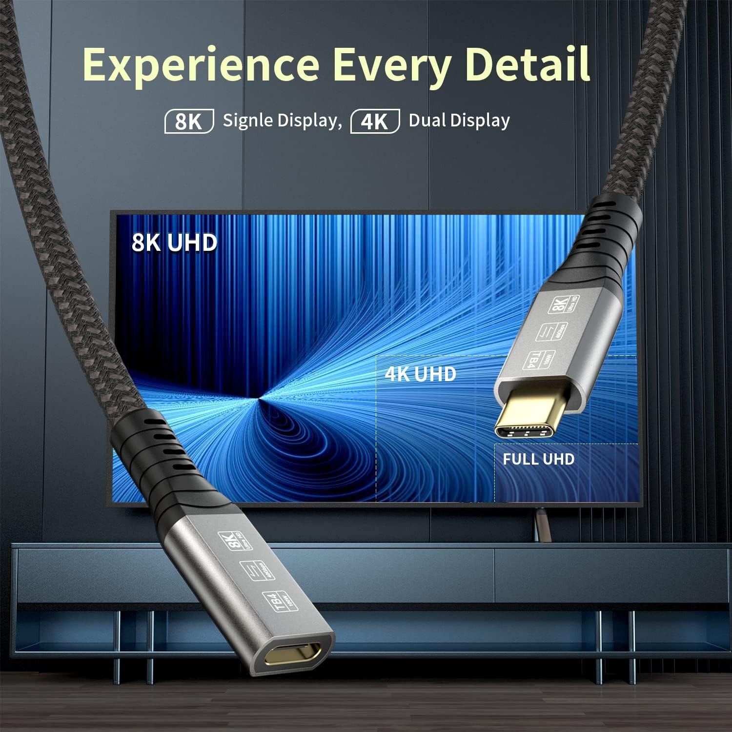 NÖRDIC 1m Thunderbolt 4 förlängningskabel, USB-C hane till hona, 240W snabbladdning, 40Gbps, 8K 60Hz