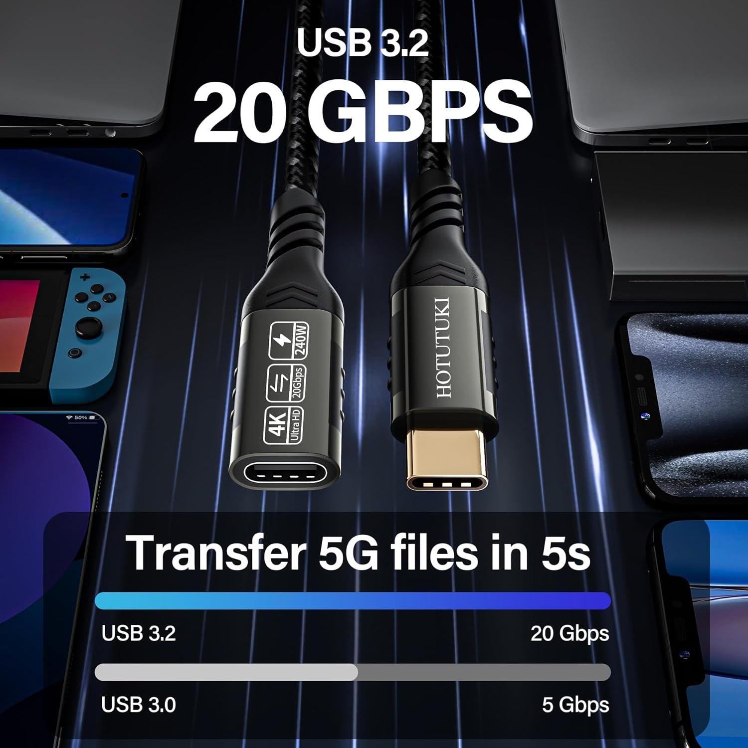 NÖRDIC 1m USB3.2 Gen2 20Gbps USB-C till C nylonflätad förlängningskabel med Power Delivery 240W 4K60Hz