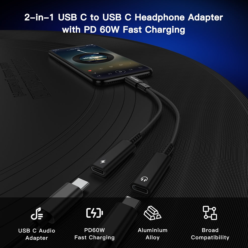 NÖRDIC 1 till 2 USB-C till 2xUSB-C hörlursadapter med 60W laddning