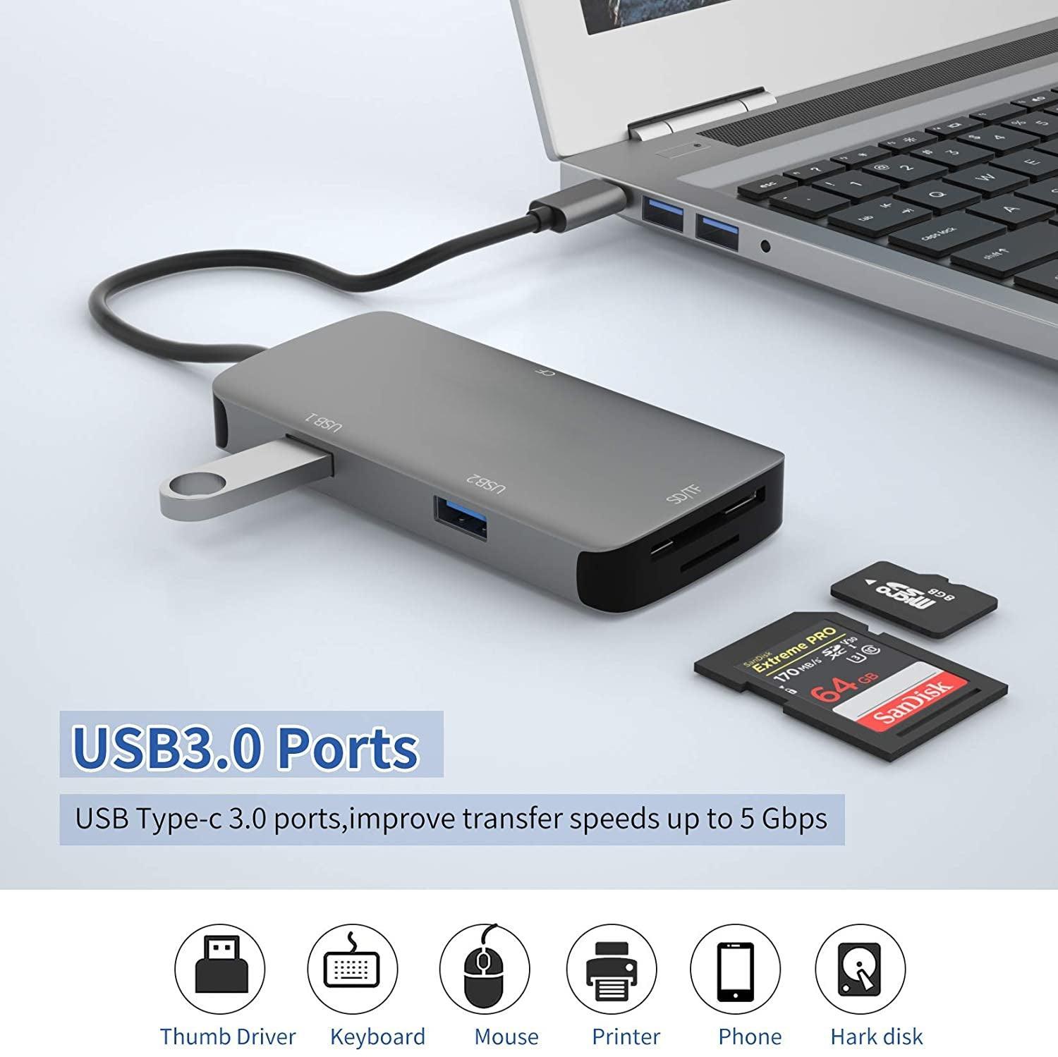 NÖRDIC 1 till 5 USB-C adapter SD/TF och CF kortläsare med 2xUSB3.0 upp till 5Gbps UHS-I