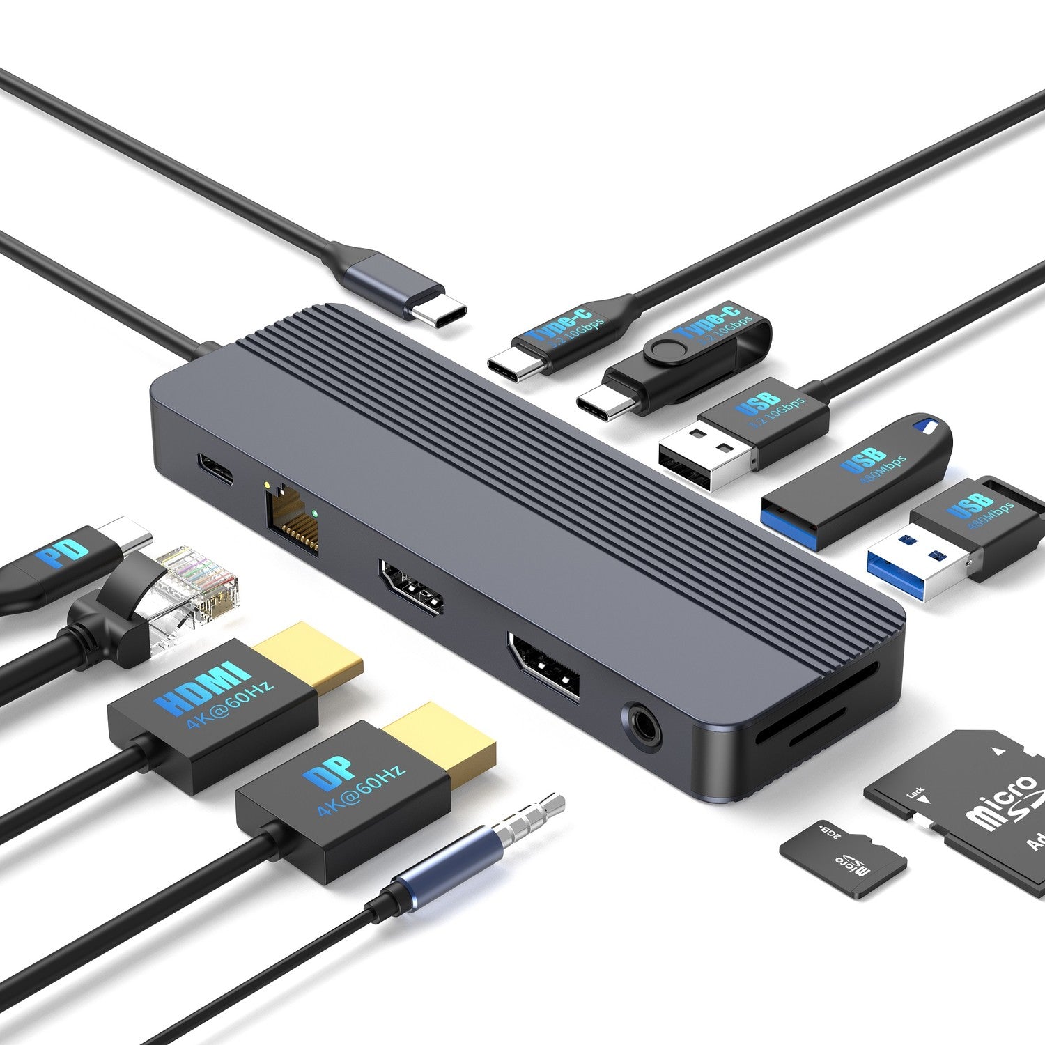 NÖRDIC 1 till 12 USB-C Dockningsstation för Dubbla skärmar, 1xHDMI 4K60Hz, 1xDP 4K60Hz, 1xUSB-C PD 100W, 2xUSB-C, 3xUSB-A, med Ethernet