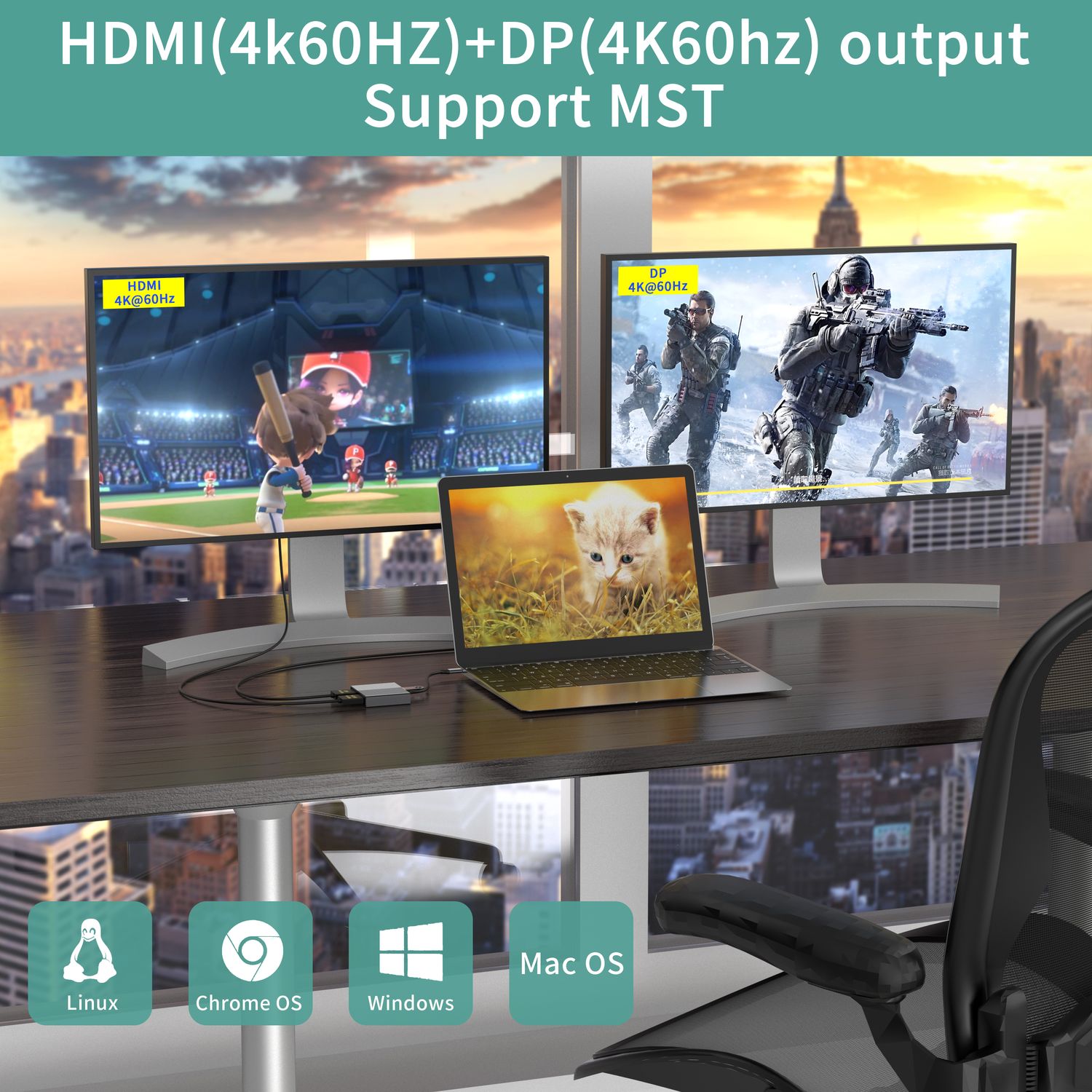 NÖRDIC 1 till 4 USB-C Dockningsstation 1xHDMI-4K60Hz, 1xDP-4K60Hz Dubbla skärmar 1xUSB-C PD100W 1xUSB-A 5G