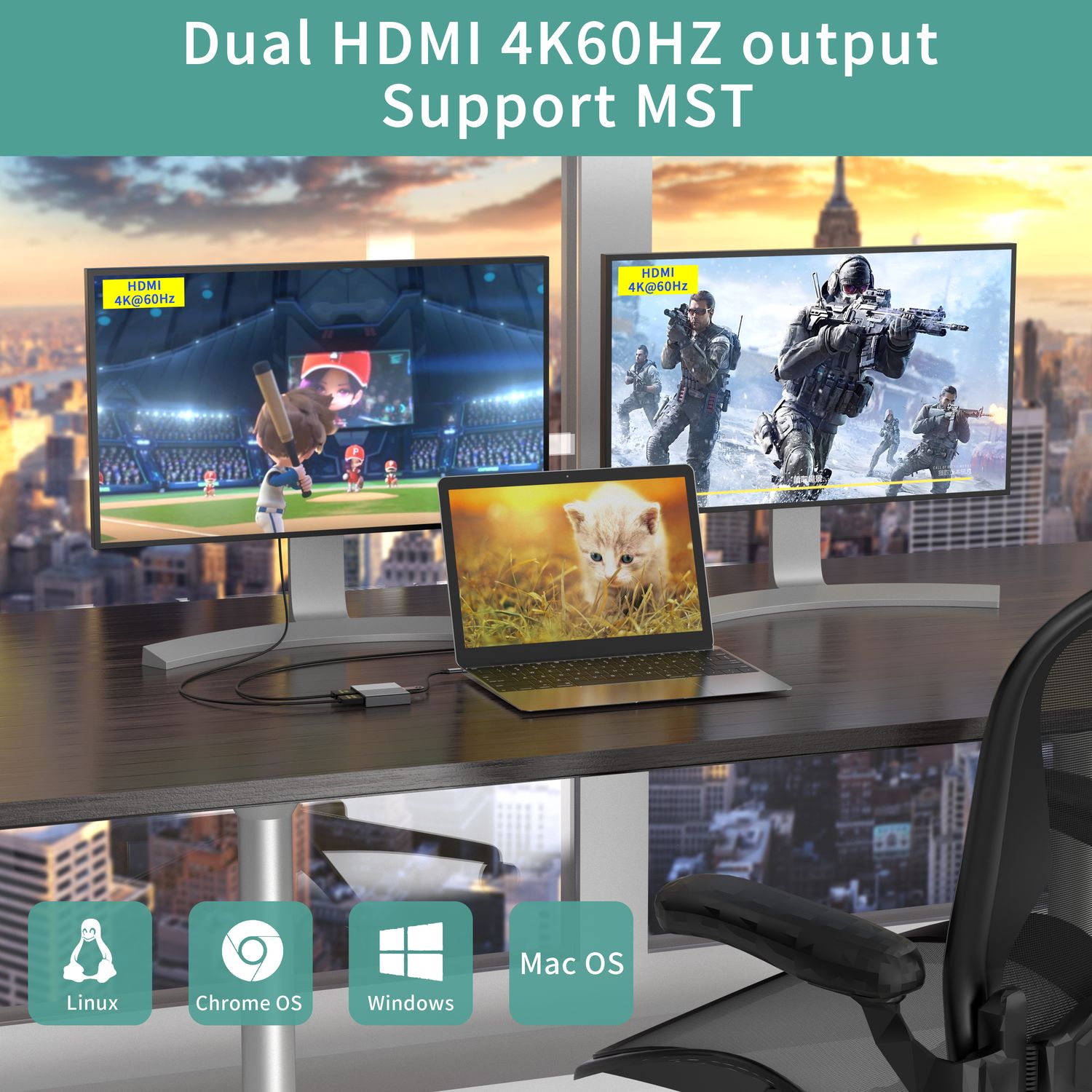 NÖRDIC 1 till 4 USB-C Dockningsstation 2xHDMI Dubbla skärmar 1xUSB-C PD100W 1xUSB-A 5G
