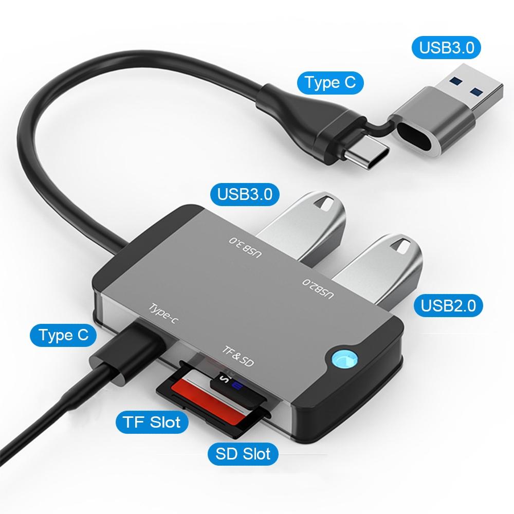 NÖRDIC 1 till 5 USB dockningsstation och kortläsare - SD, MicroSD/TF, 2x USB-A, 1xUSB-C