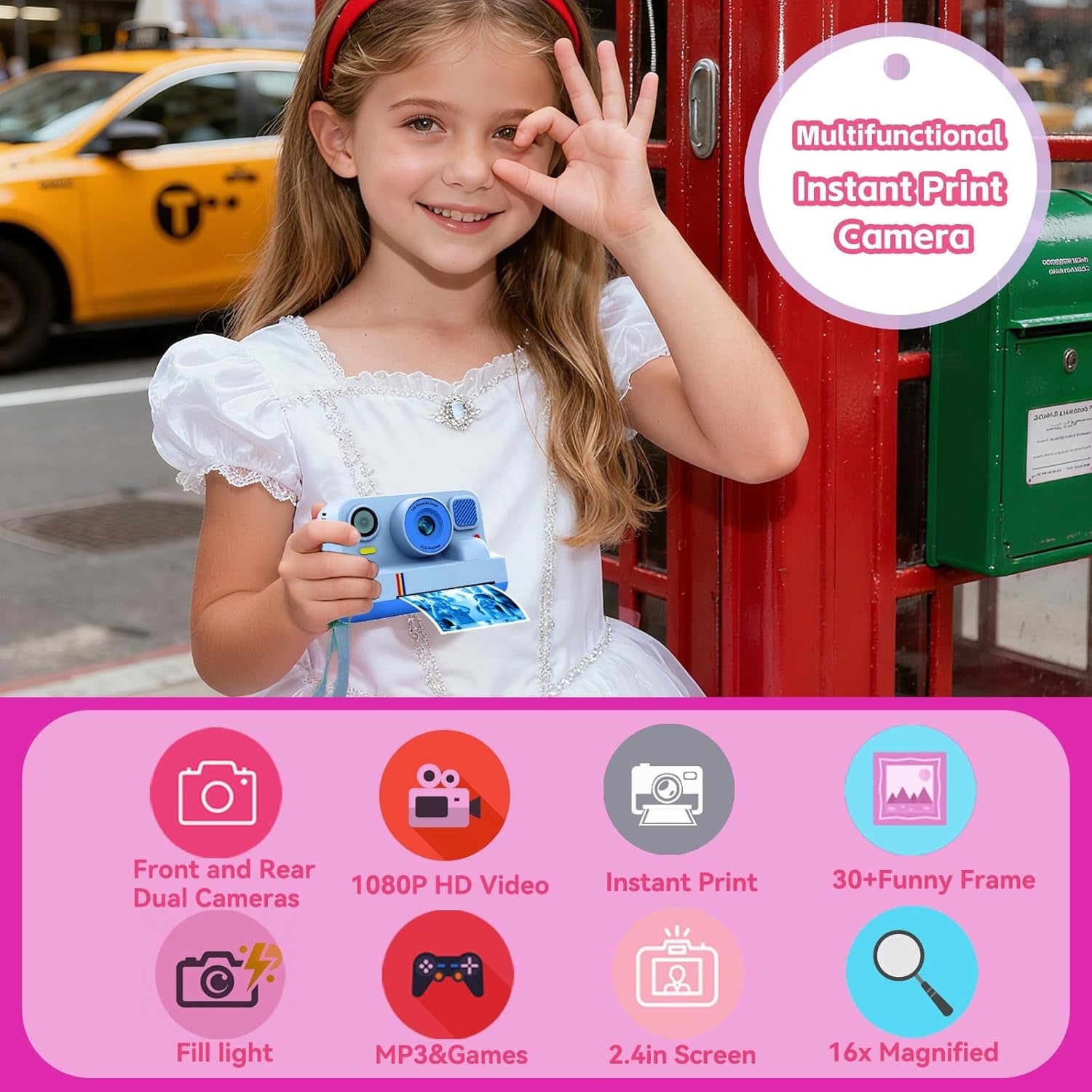NÖRDIC 2,4" HD Instant-kamera, Mini kamera med fotoutskrift/videoinspelning, kompatibel app, Blå