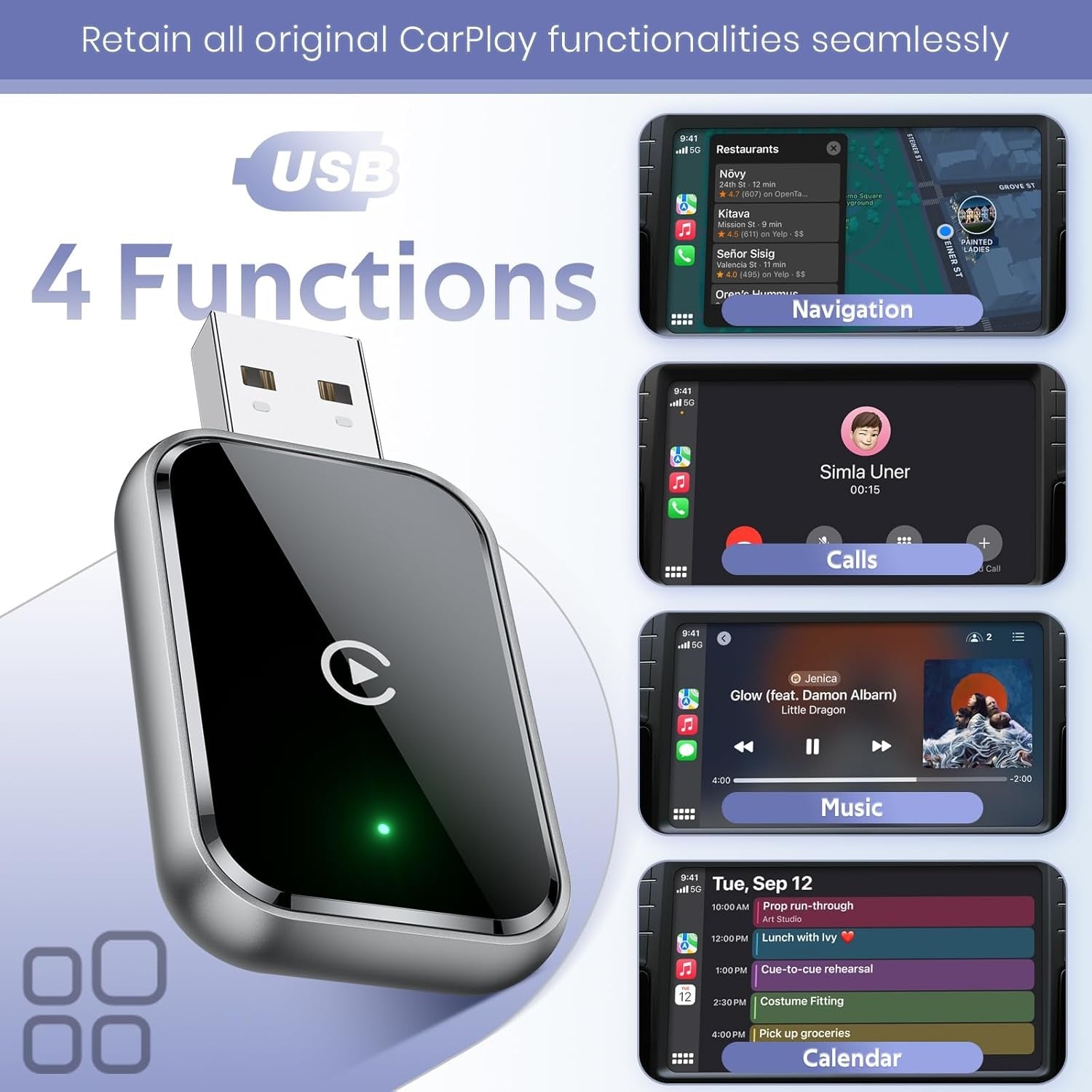 NÖRDIC 2-i-1 trådlös Android CarPlay-dongel, med USB-C-adapter, Plug & Play, WiFi 5,8 GHz, stöder iOS 10+ och Android 11+