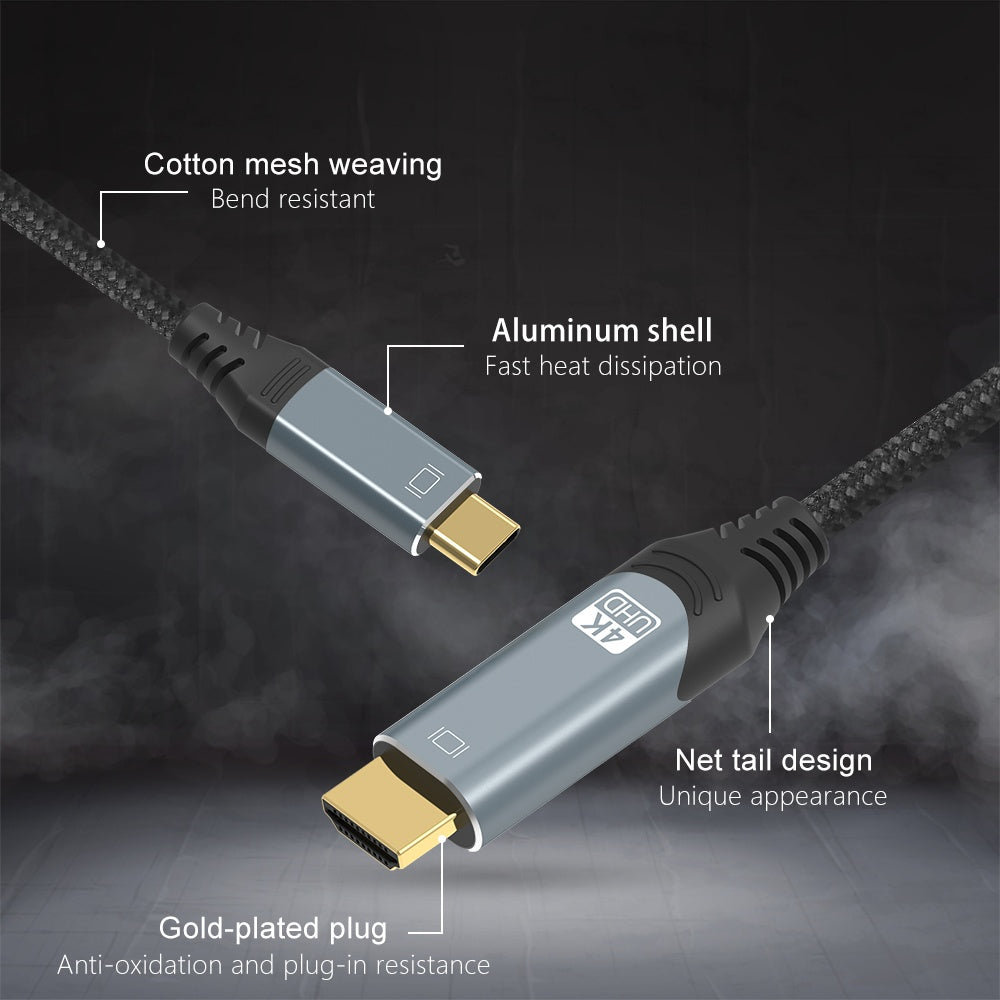 NÖRDIC 2m USBC till HDMI 4K 60Hz nylonflätad kabel space grey stöd för HDCP1.4 och 2.2 Ren koppar 99,99%