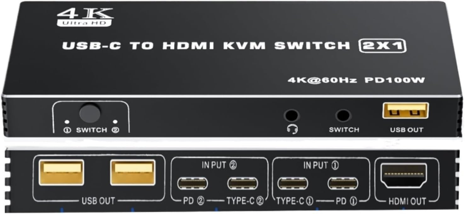 NÖRDIC USB C till HDMI KVM-switch 4K 60Hz, Type-C KVM-switch HDMI för 2 datorer 1 HDMI-skärm