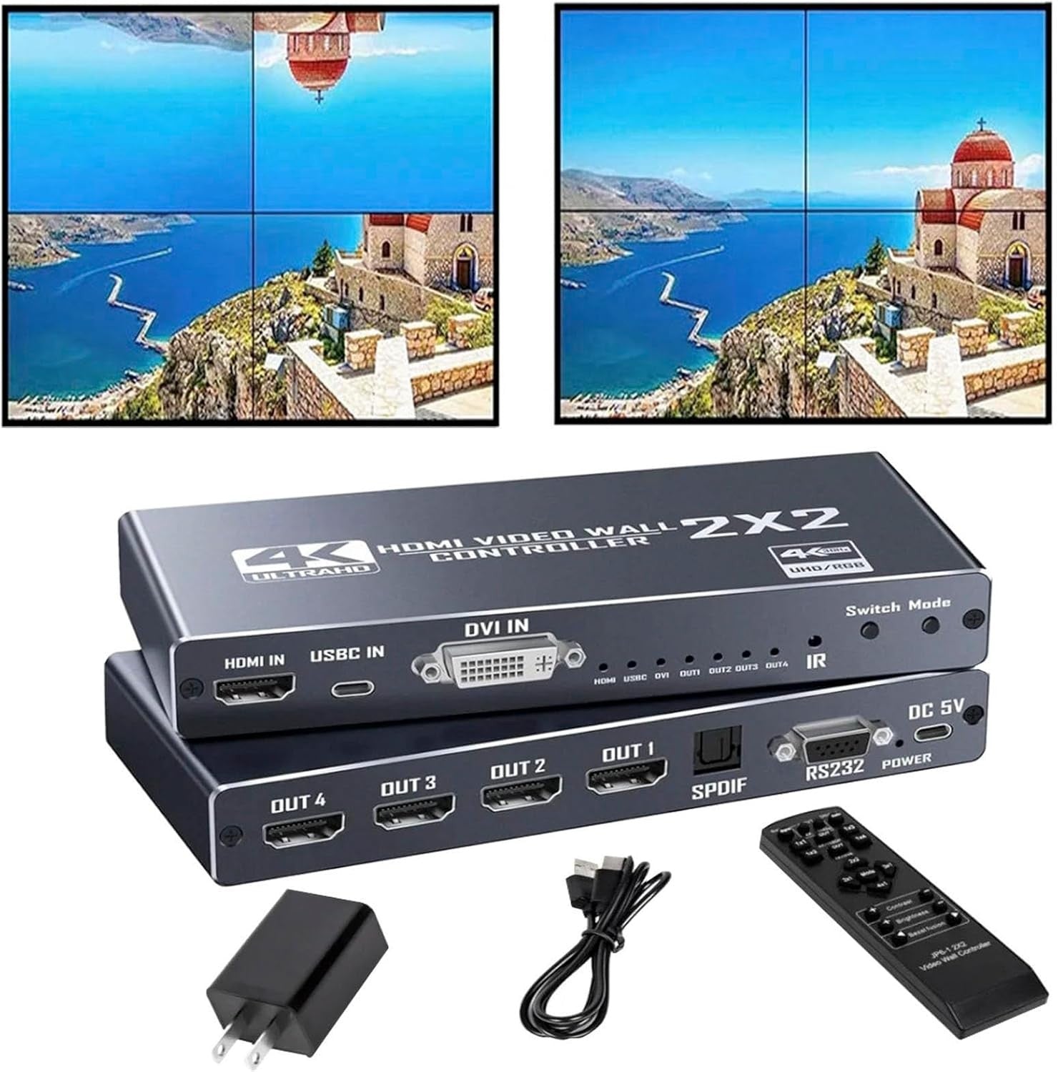 NÖRDIC 4K 2x2 HDMI/DVI/USB-C Video Wall Controller 4-kanals TV-väggprocessor Stöd för 1xHDMI/DVI In, 4xHDMI+1SPDIF Audio Out