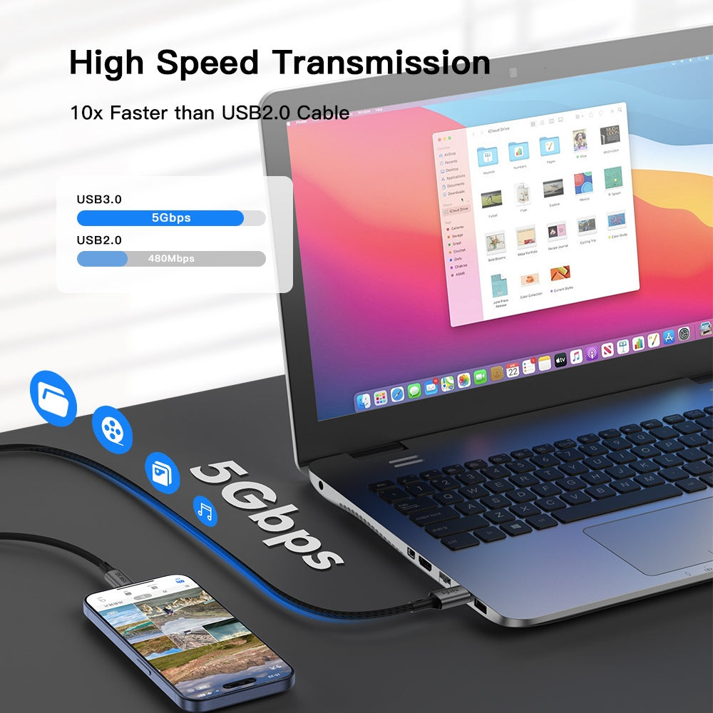 NÖRDIC 5m USB3.2 Gen1 USB-C till A nylonflätad kabel snabbladdning 3A 5Gbps 15W grå