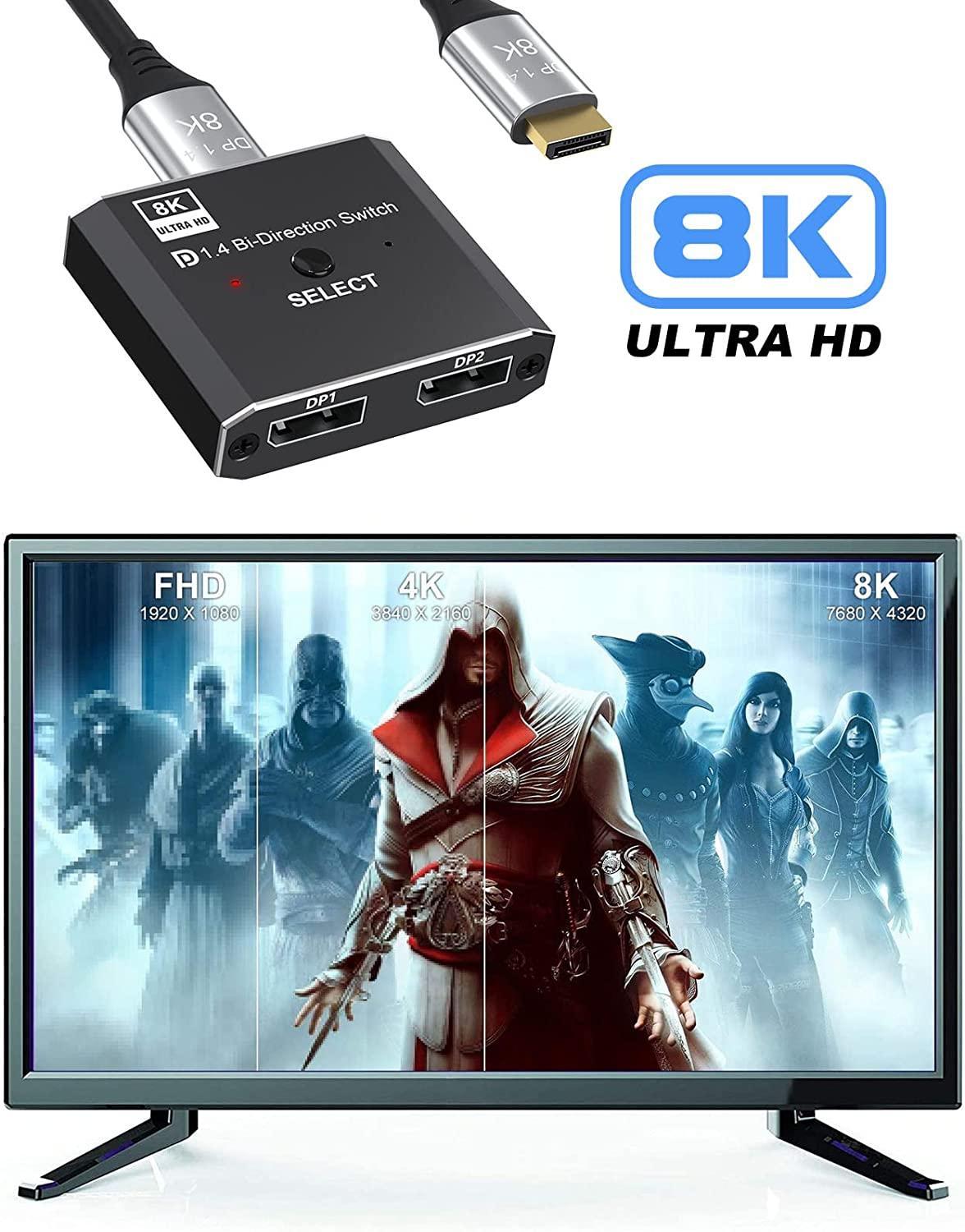 NÖRDIC 8K30Hz Displayport switch 2 till 1 och splitter 1 till 2, 4K120hz
