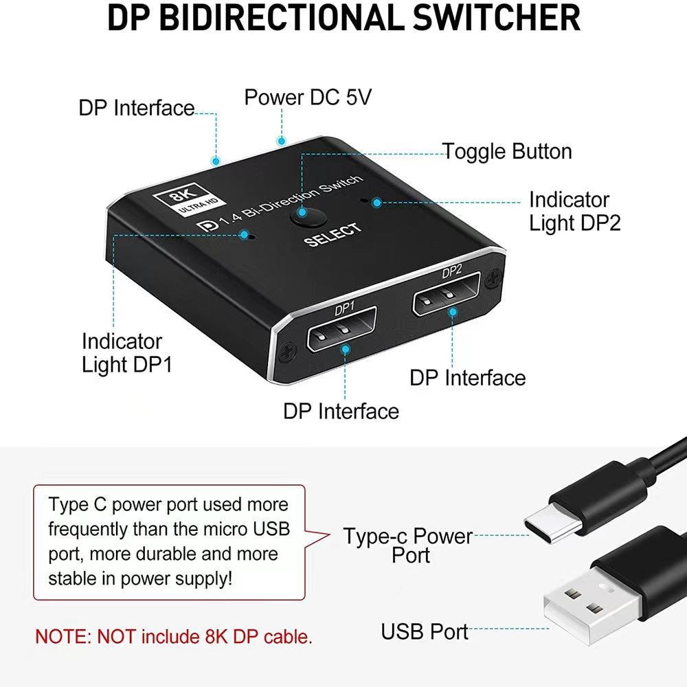 NÖRDIC 8K30Hz Displayport switch 2 till 1 och splitter 1 till 2, 4K120hz