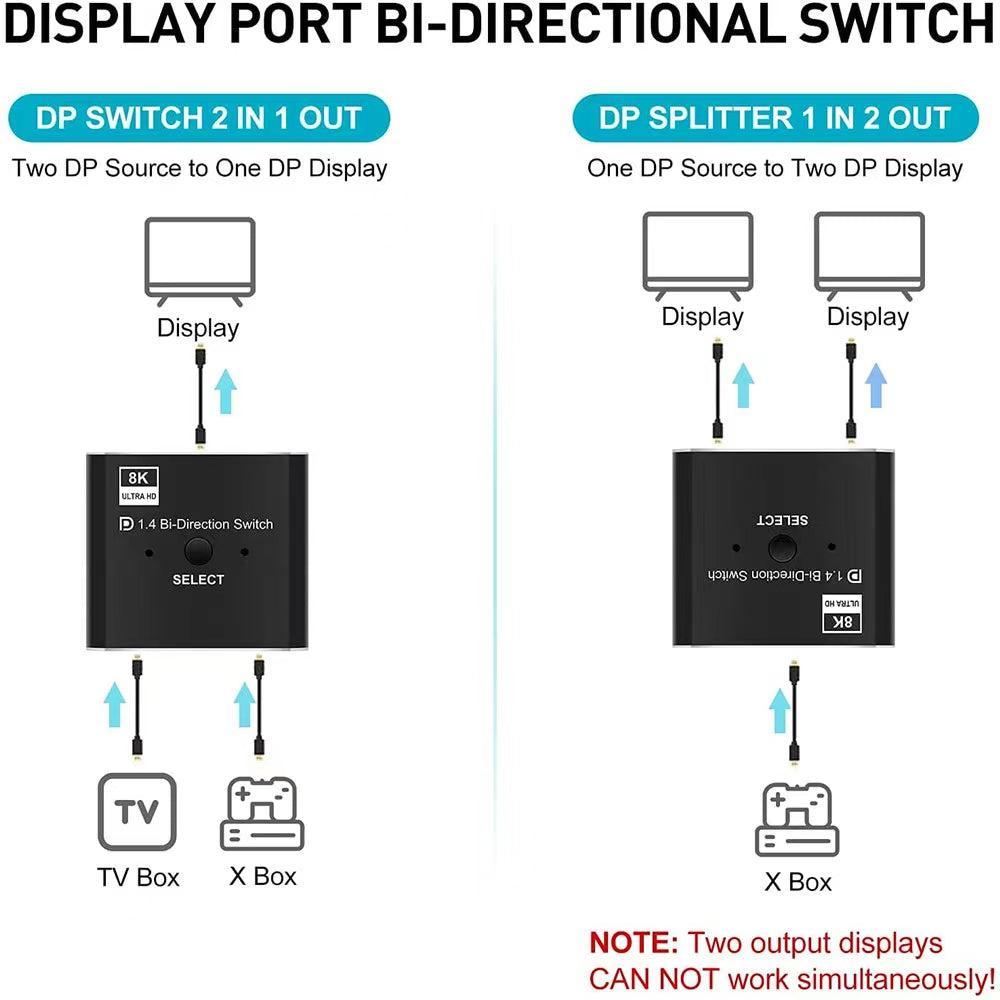 NÖRDIC 8K30Hz Displayport switch 2 till 1 och splitter 1 till 2, 4K120hz