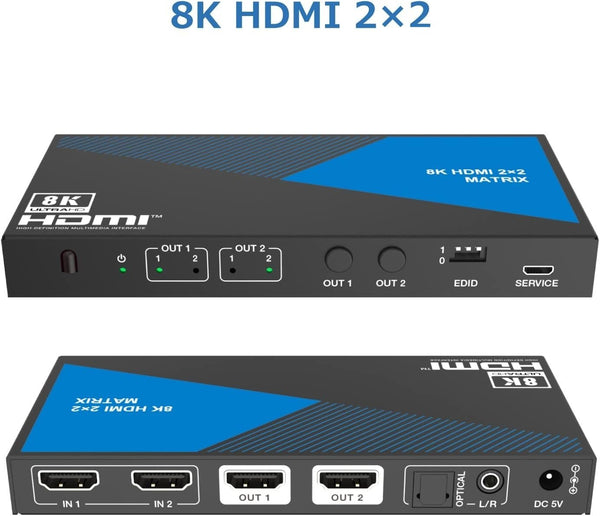 NÖRDIC 8K60Hz HDMI Matrix switch 2x2 med audio extractor optical Toslink stereo eARC/ARC EDID CEC