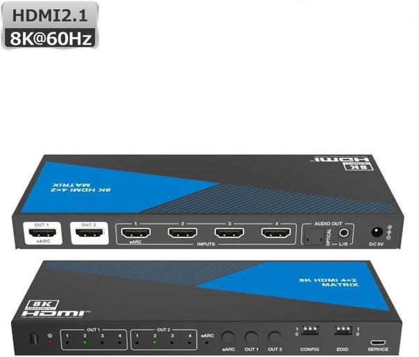 NÖRDIC 8K HDMI 2.1 eARC/ARC matrix switch 4x2 med extraktor Toslink & Stereo, HDMI CEC, Dolby Atmos/Digital Plus, DTS Master