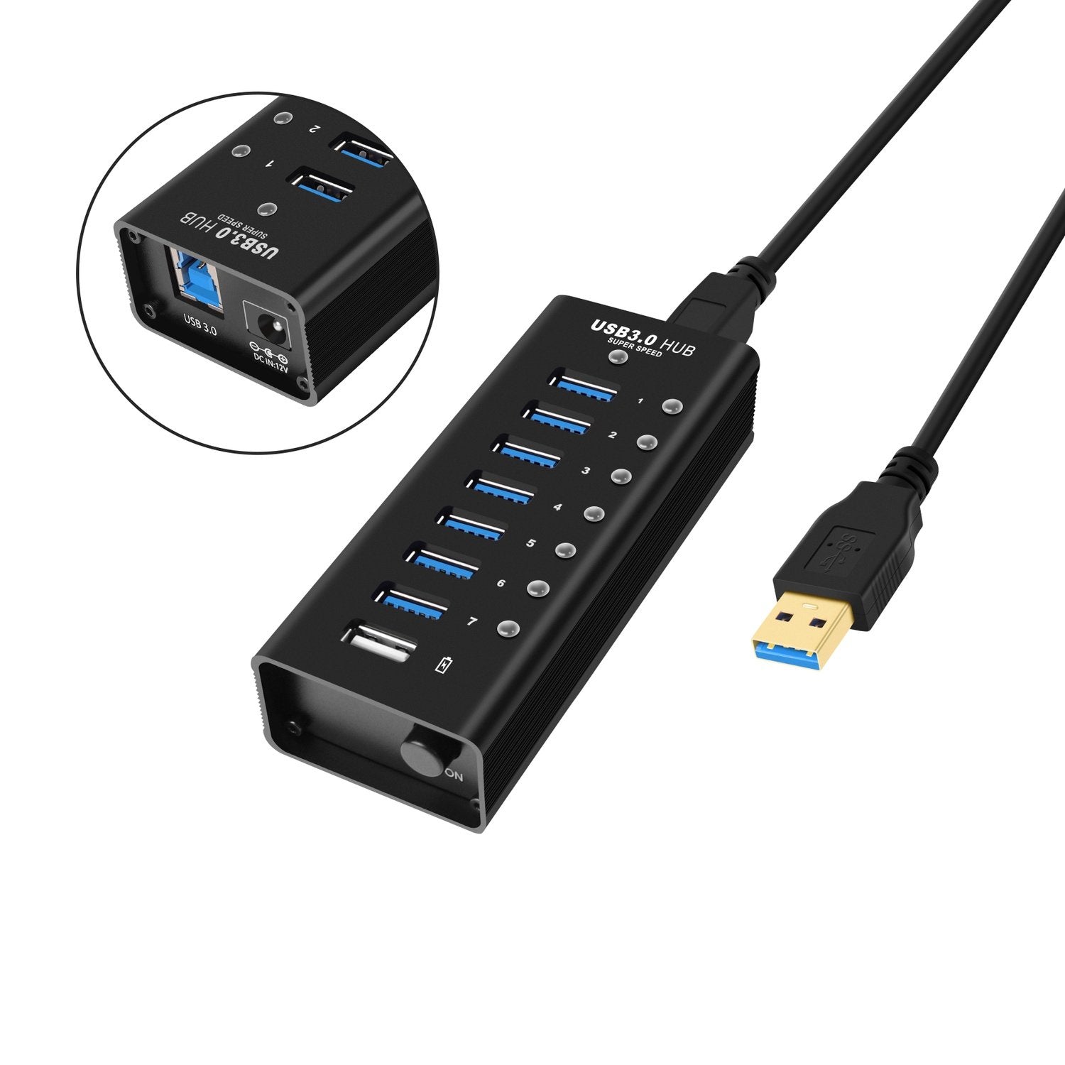 NÖRDIC 8-port powered hubb USB-A 3.0 5Gbps med switch 1,2m kabel aluminium svart med nätdel