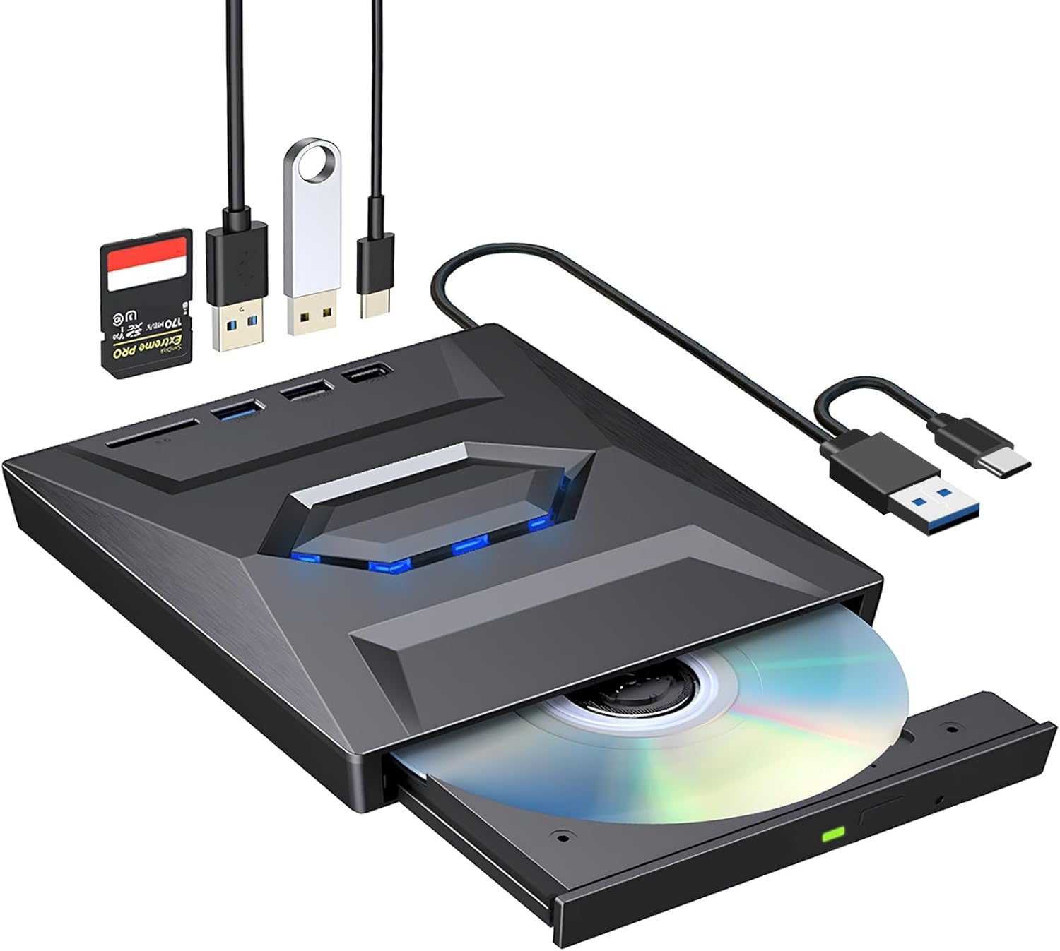 NÖRDIC Bärbar CD Brännare och spelare och USB-hubb med SD-kortläsare 2xUSB-A 1xUSB-C