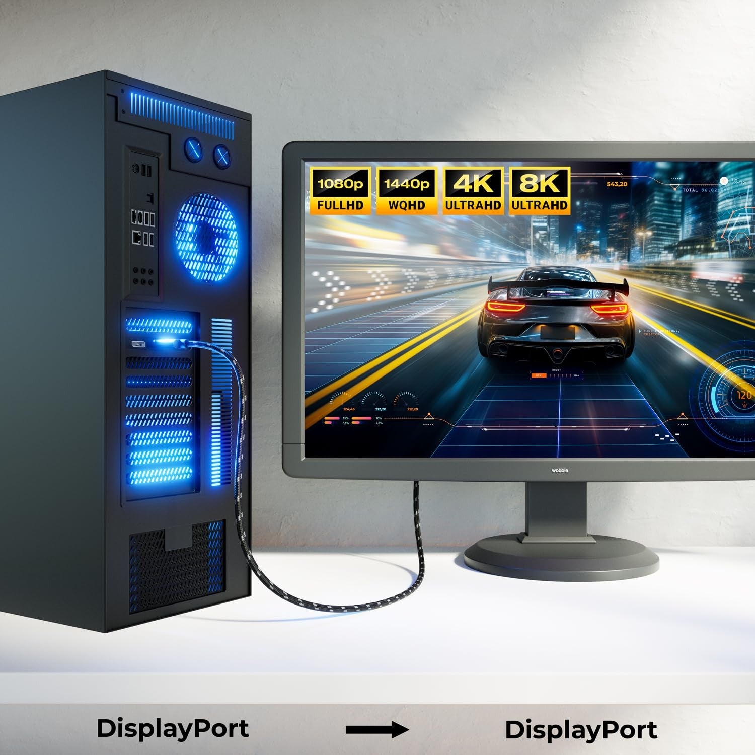 NÖRDIC CERTIFIED CABLES 1,5m nylonflätad Displayportkabel 1.4 UHD 8K60Hz 4K144Hz HBR3 32,4Gbps 10-bit HDR