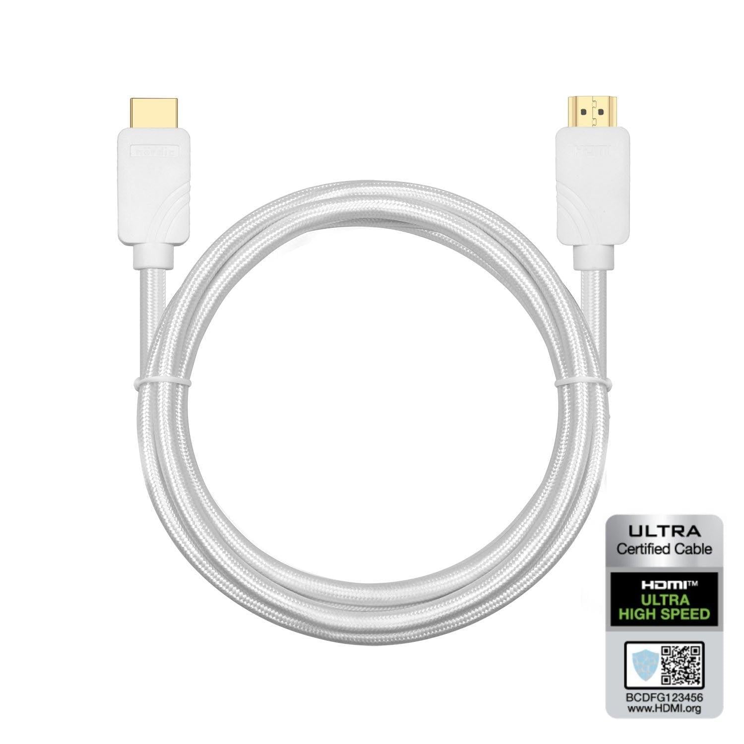 NÖRDIC CERTIFIED CABLES 1m Ultra High Speed HDMI2.1 8K 60Hz 4K 120Hz 48Gbps Dynamic HDR eARC Game Mode VRR Dolby ATMOS nylonflätad kabel guldpläterad